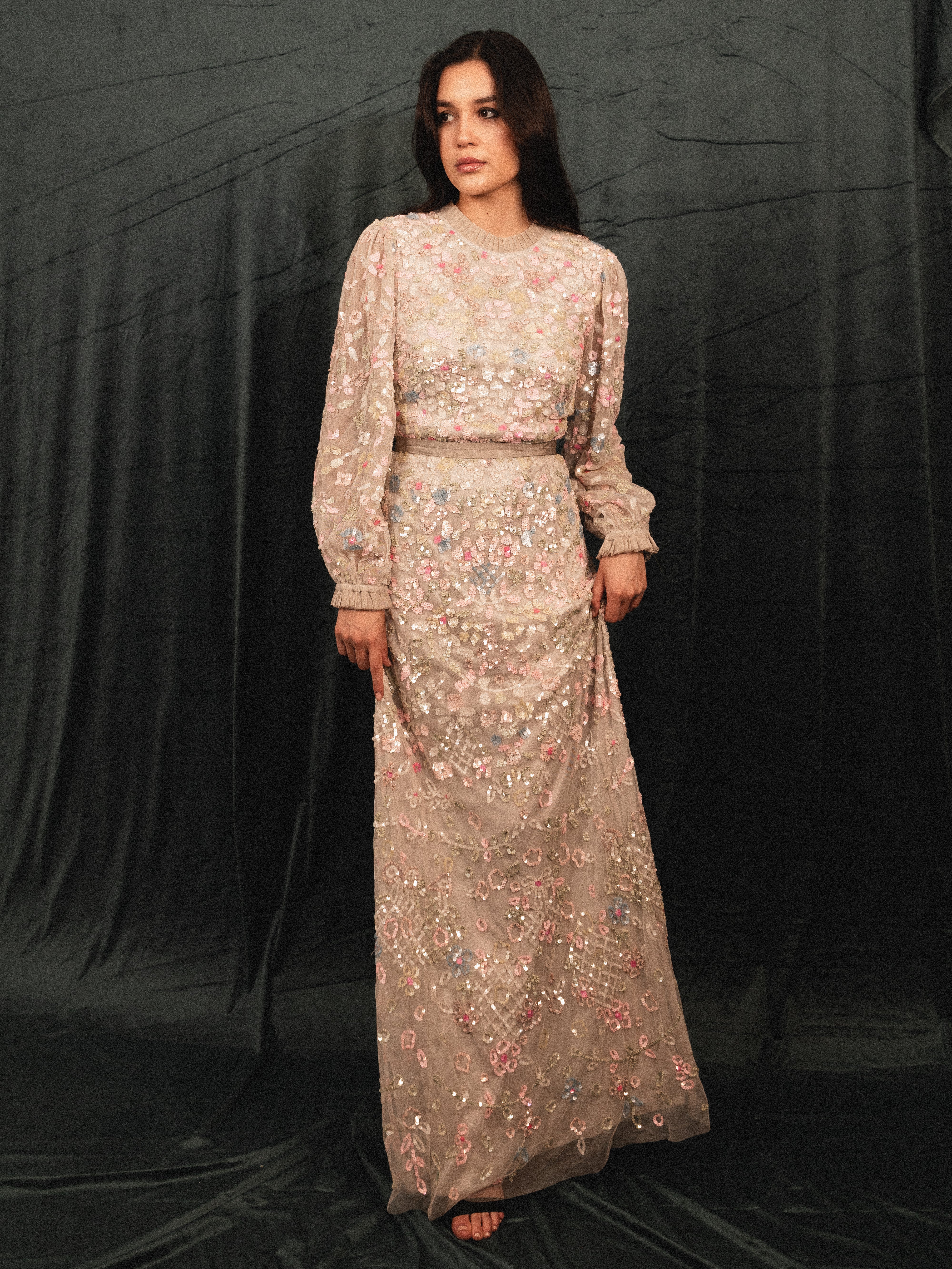 garden long beaded modest dress in gray