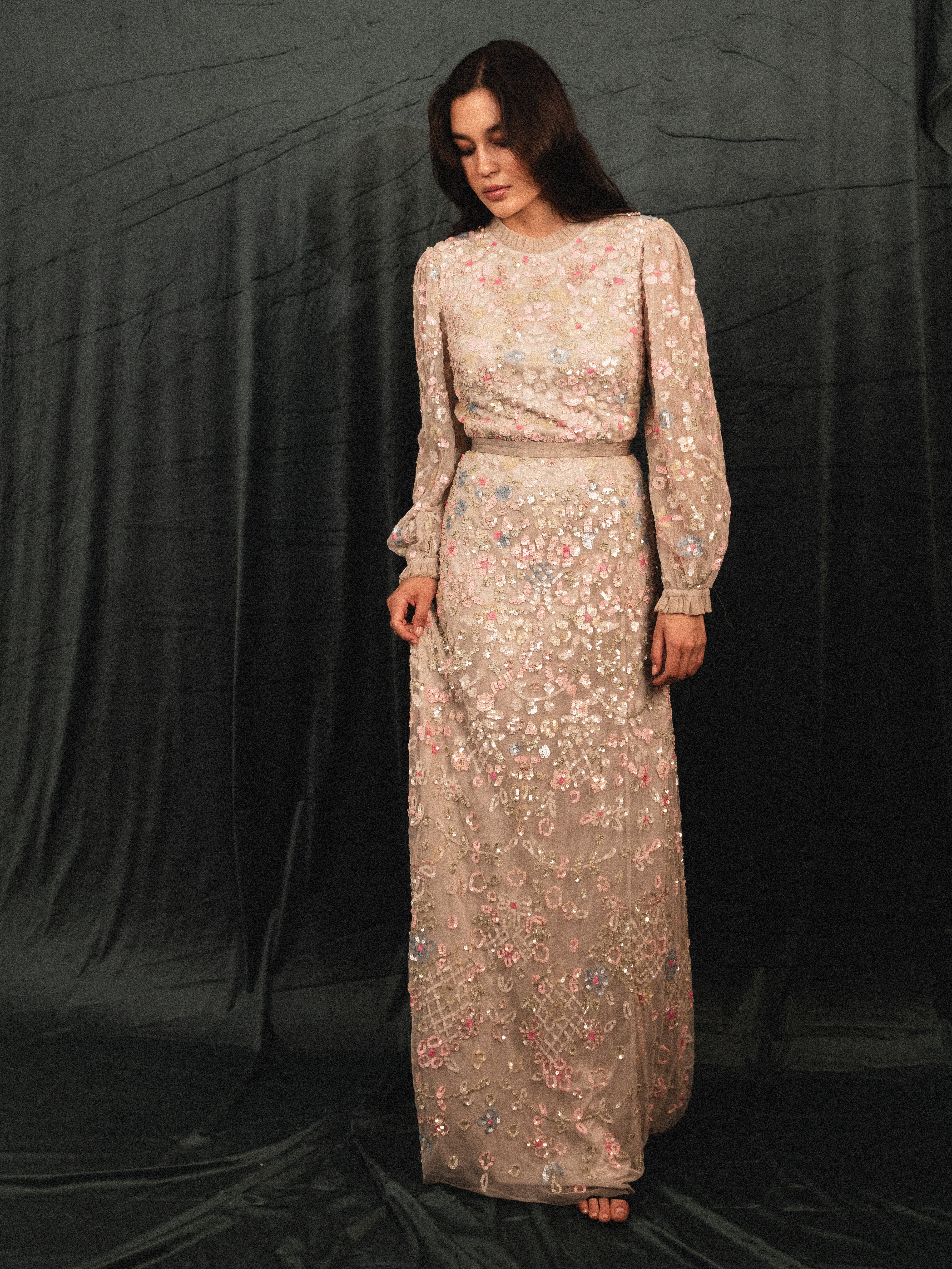 garden long beaded modest dress in gray
