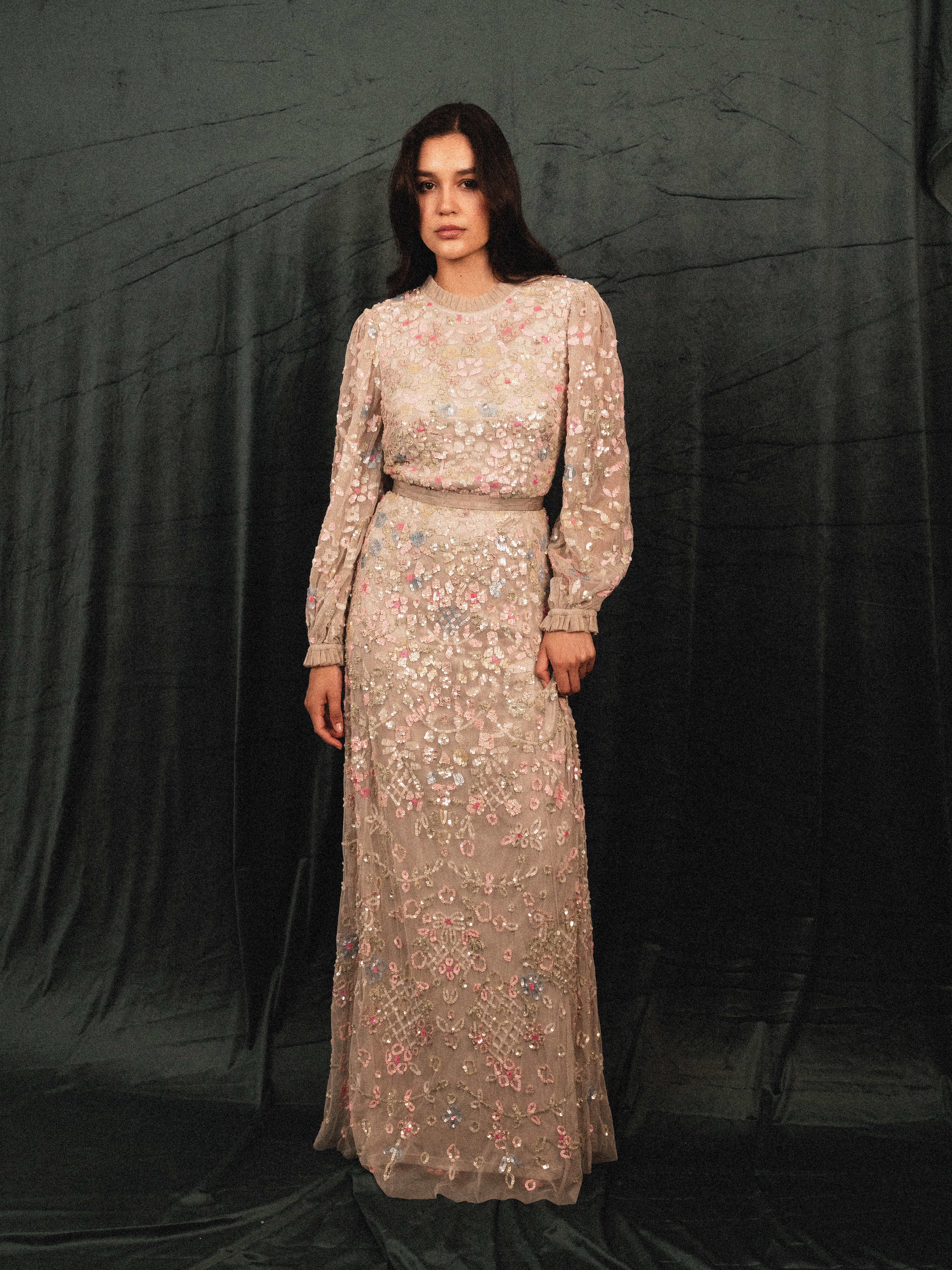 garden long beaded modest dress in gray