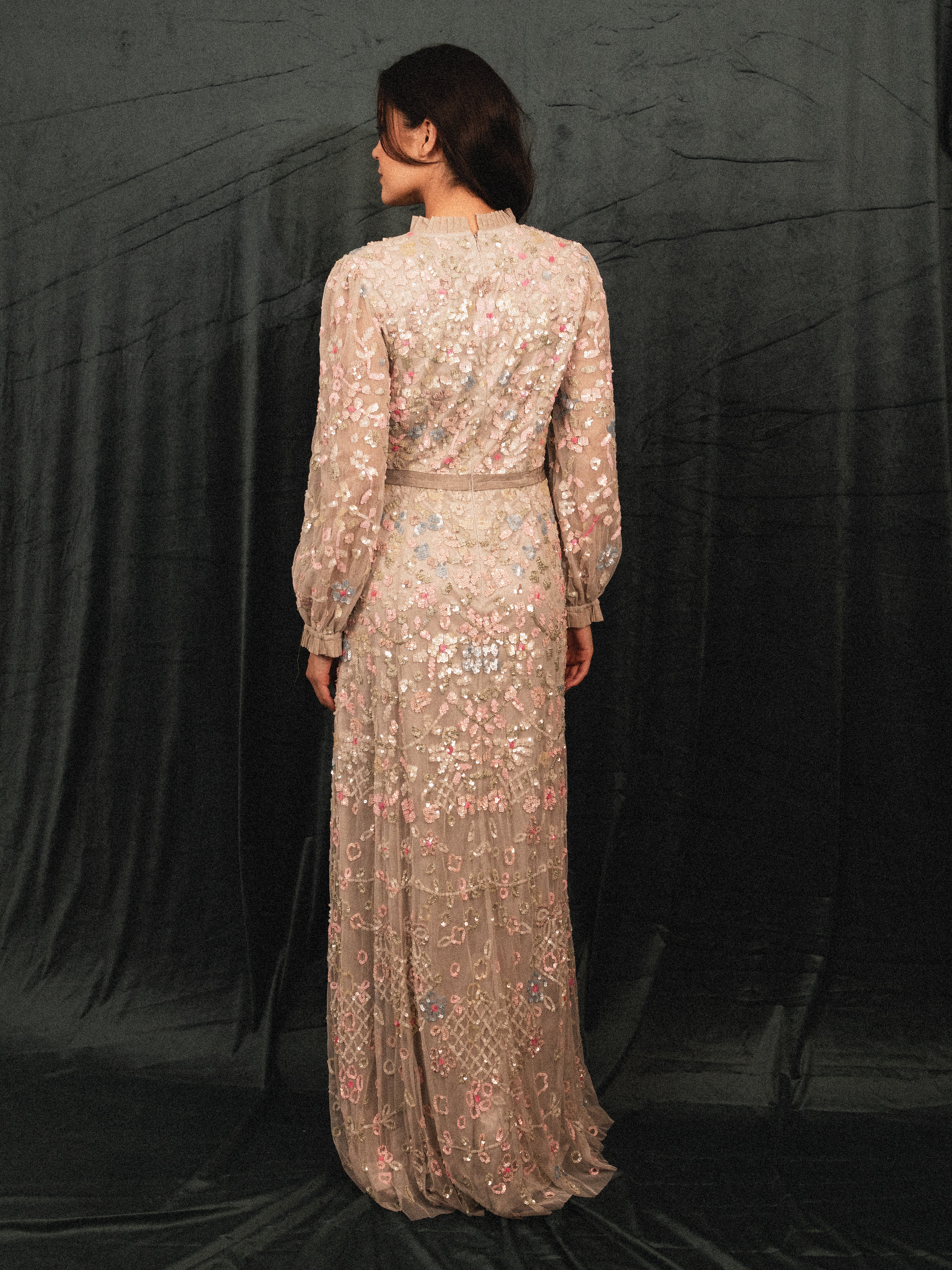 garden long beaded modest dress in gray