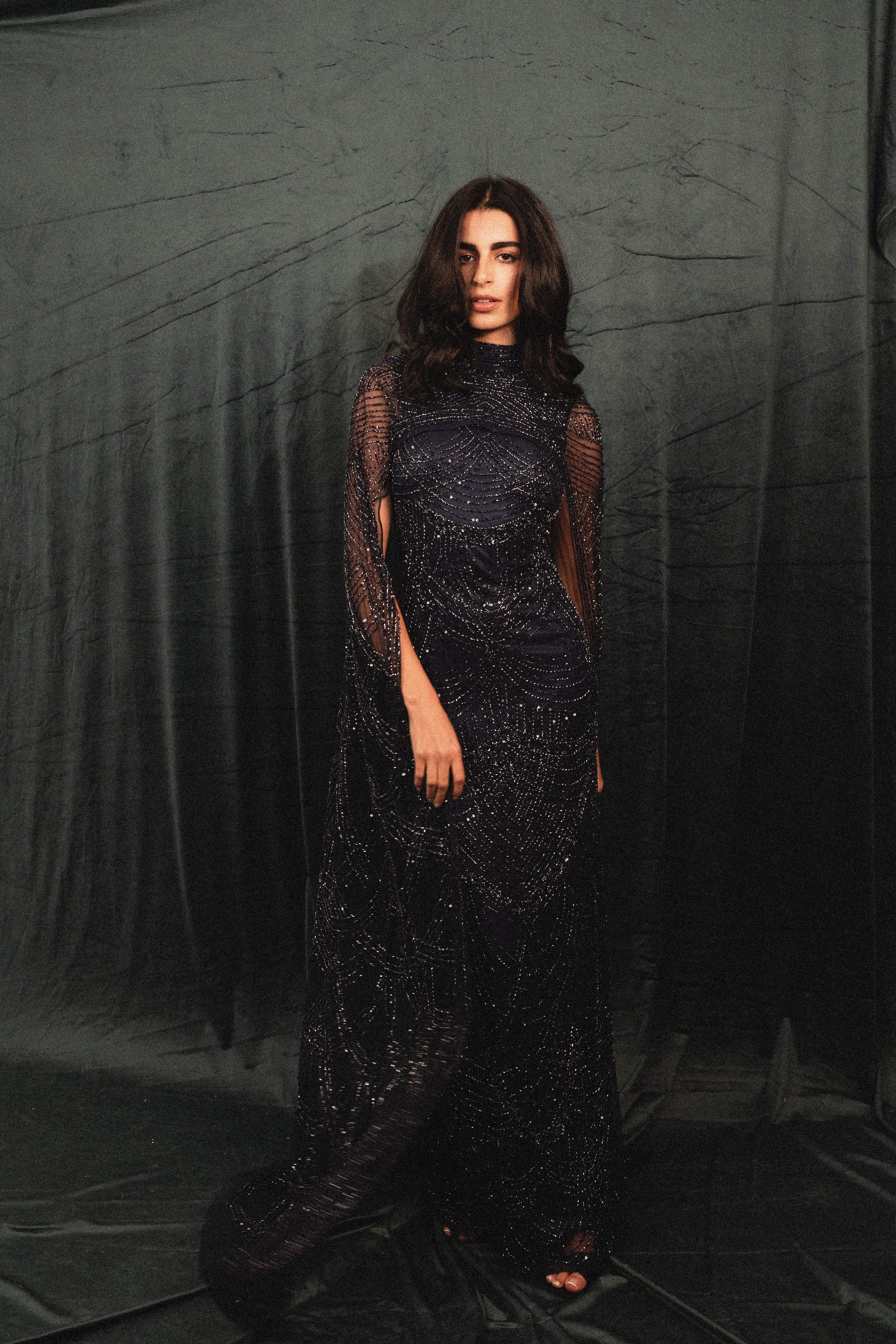 Beaded Long Dress with Cape in NAVY
