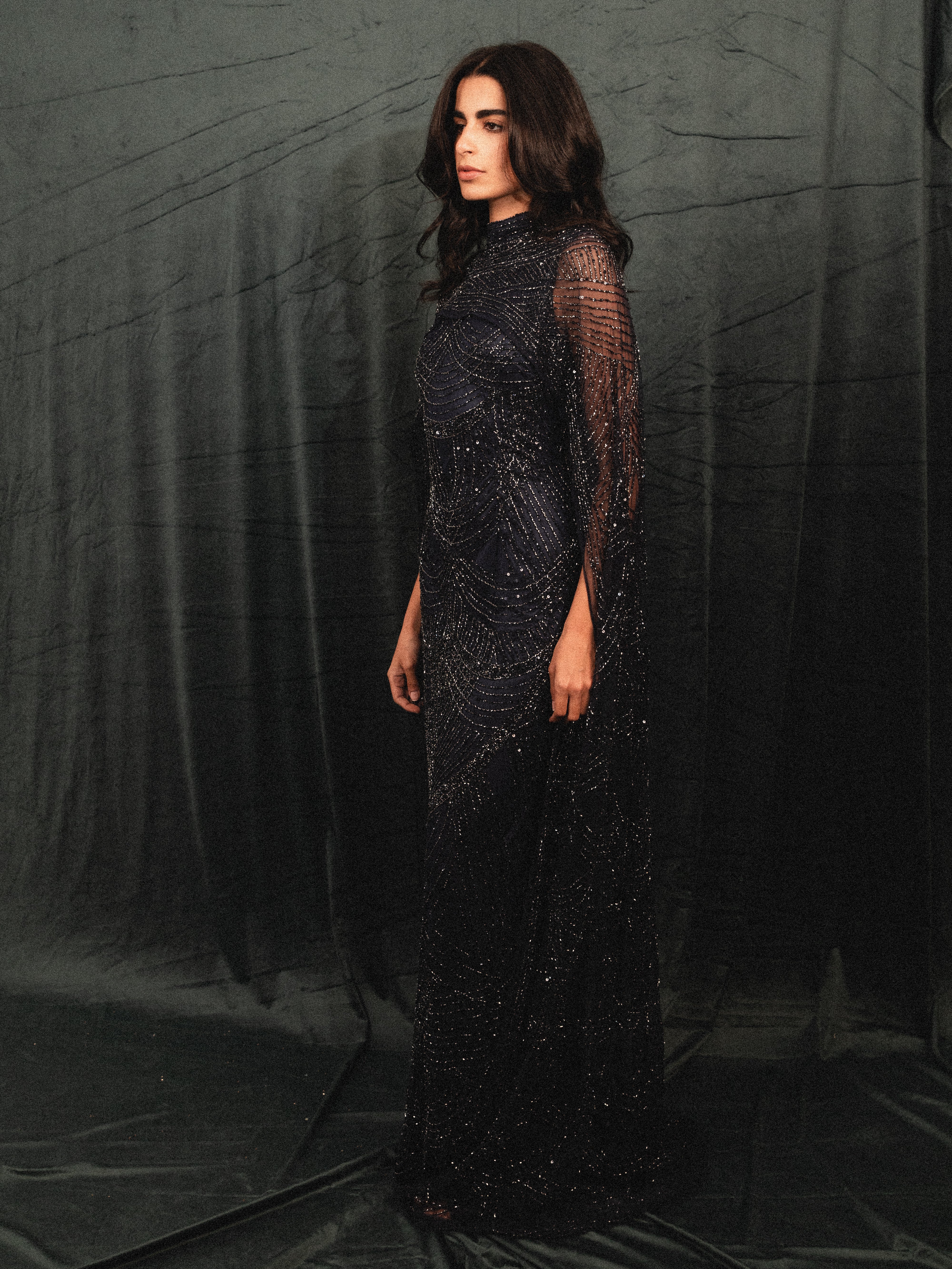 Beaded Long Dress with Cape in NAVY