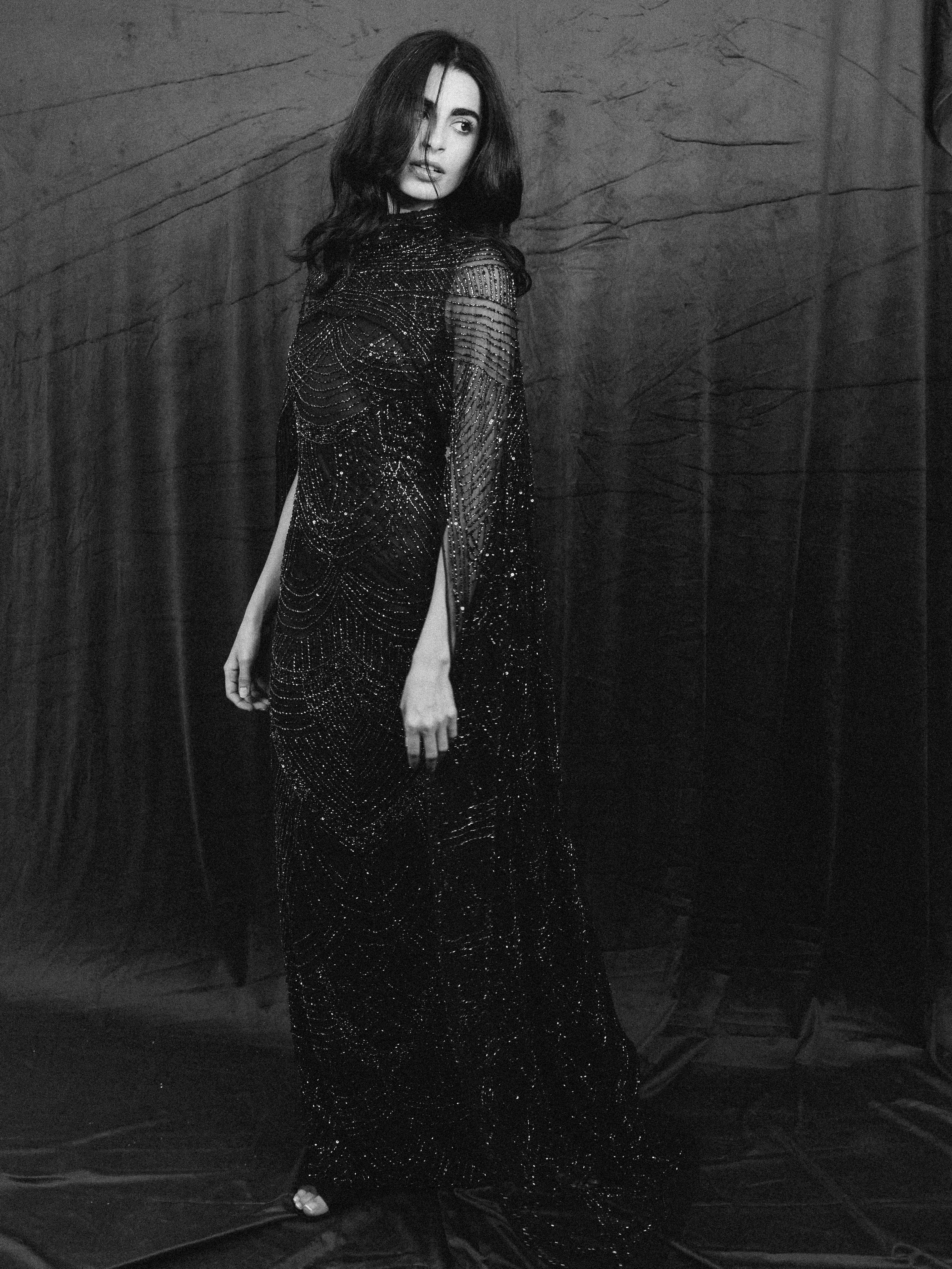 Beaded Long Dress with Cape in NAVY