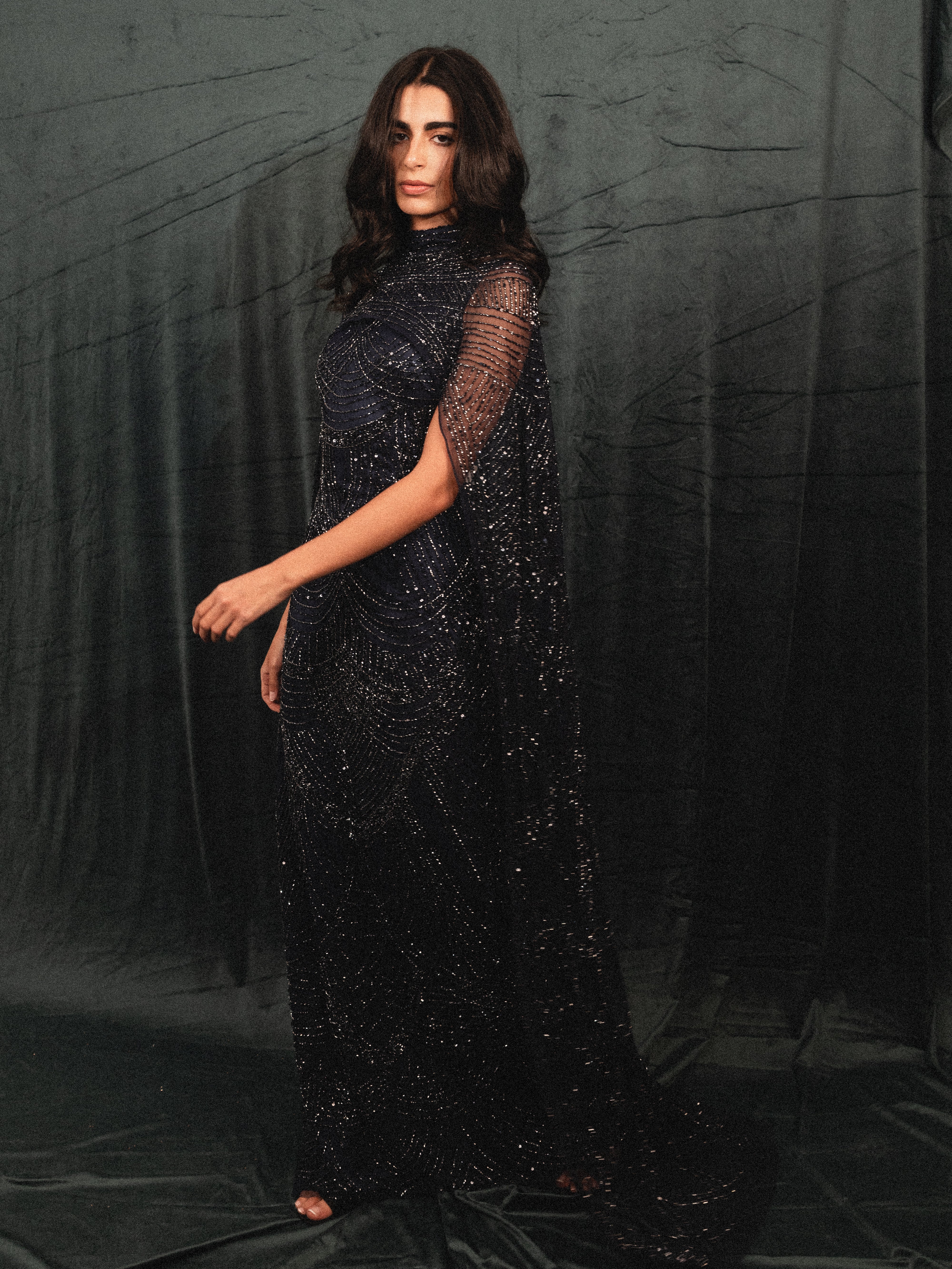 Beaded Long Dress with Cape in NAVY