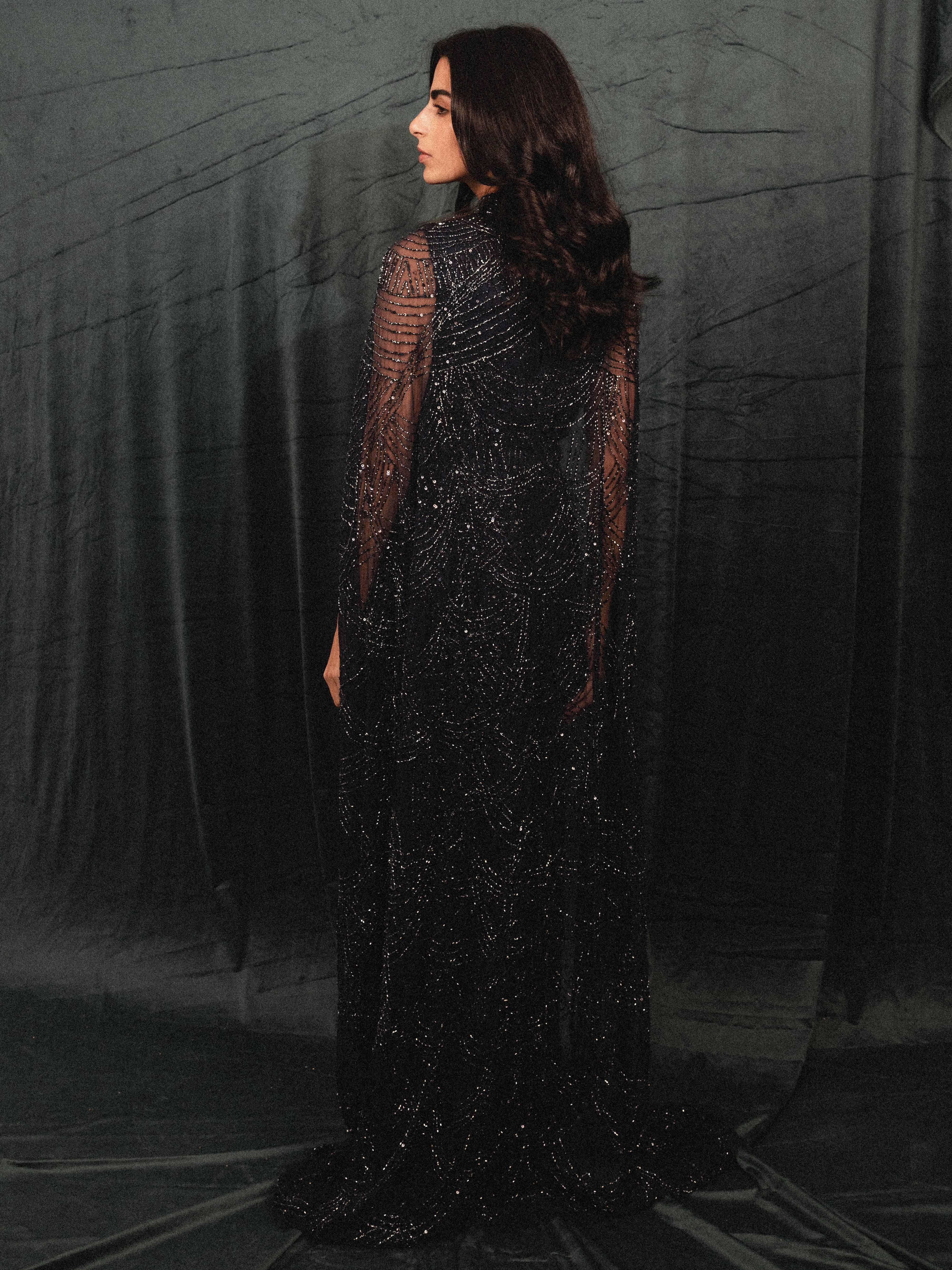 Beaded Long Dress with Cape in NAVY