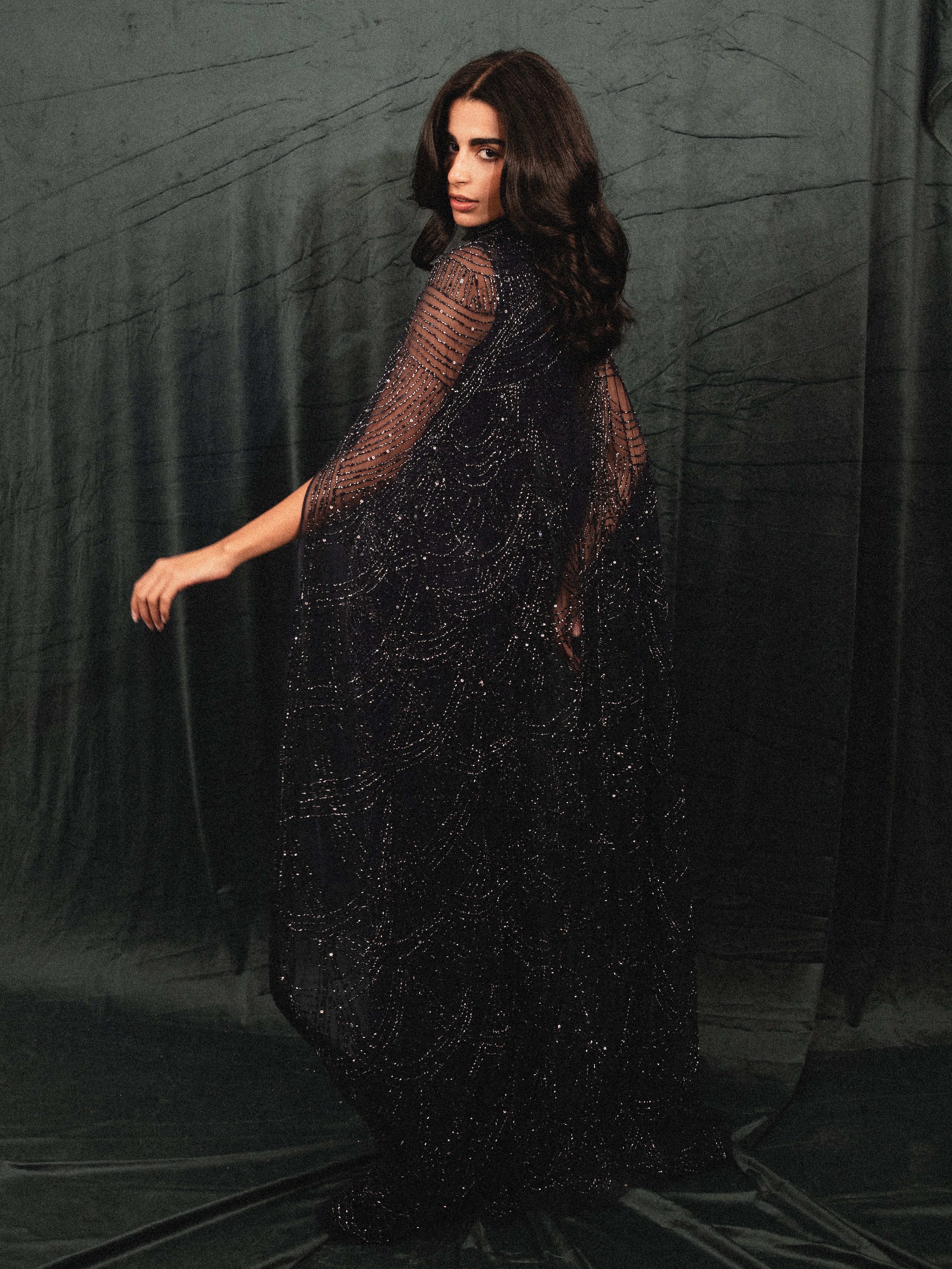 Beaded Long Dress with Cape in NAVY