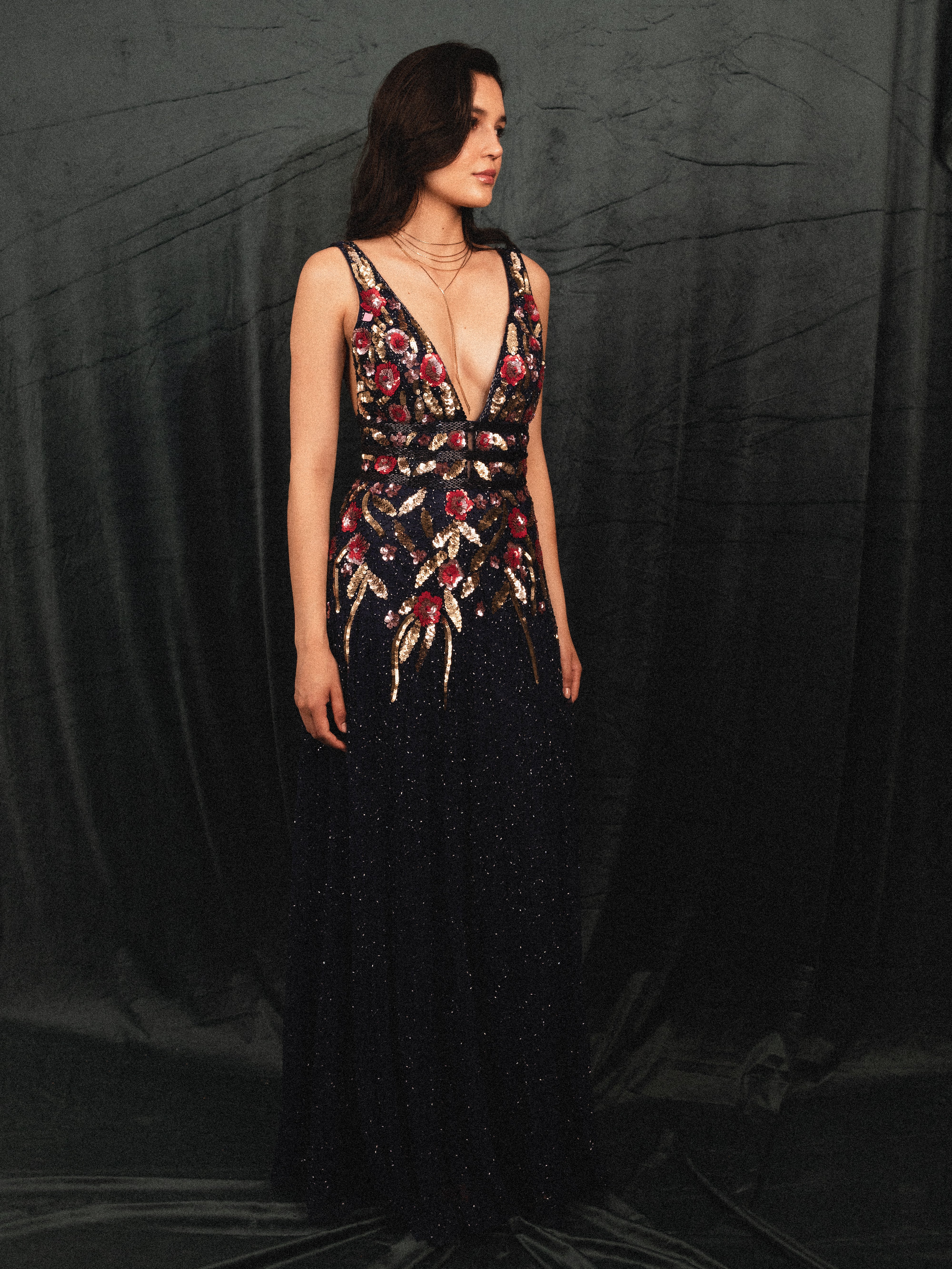 Long Beaded Garden Dress in navy