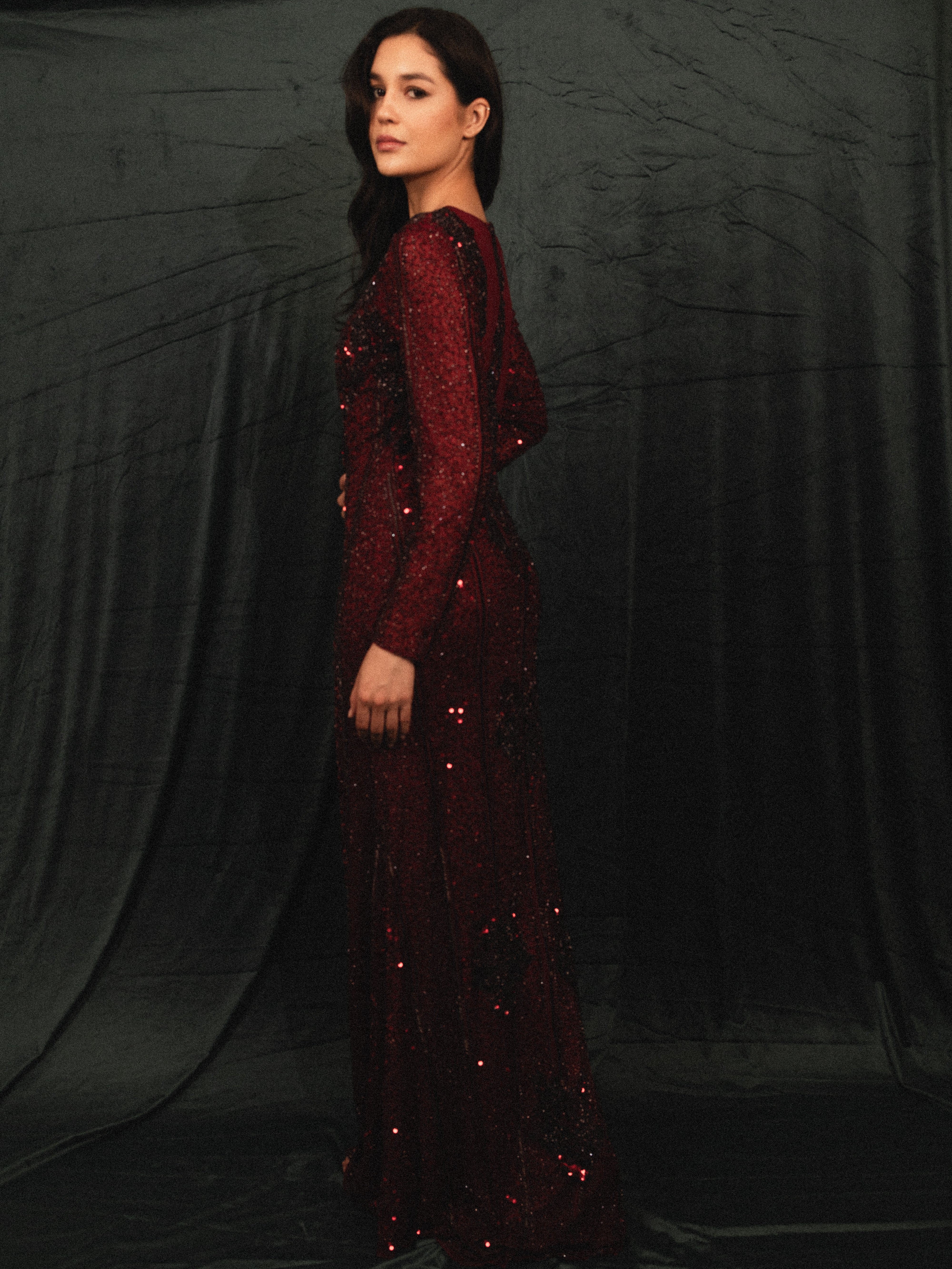 BEADED MODEST DRESS IN BURGUNDY