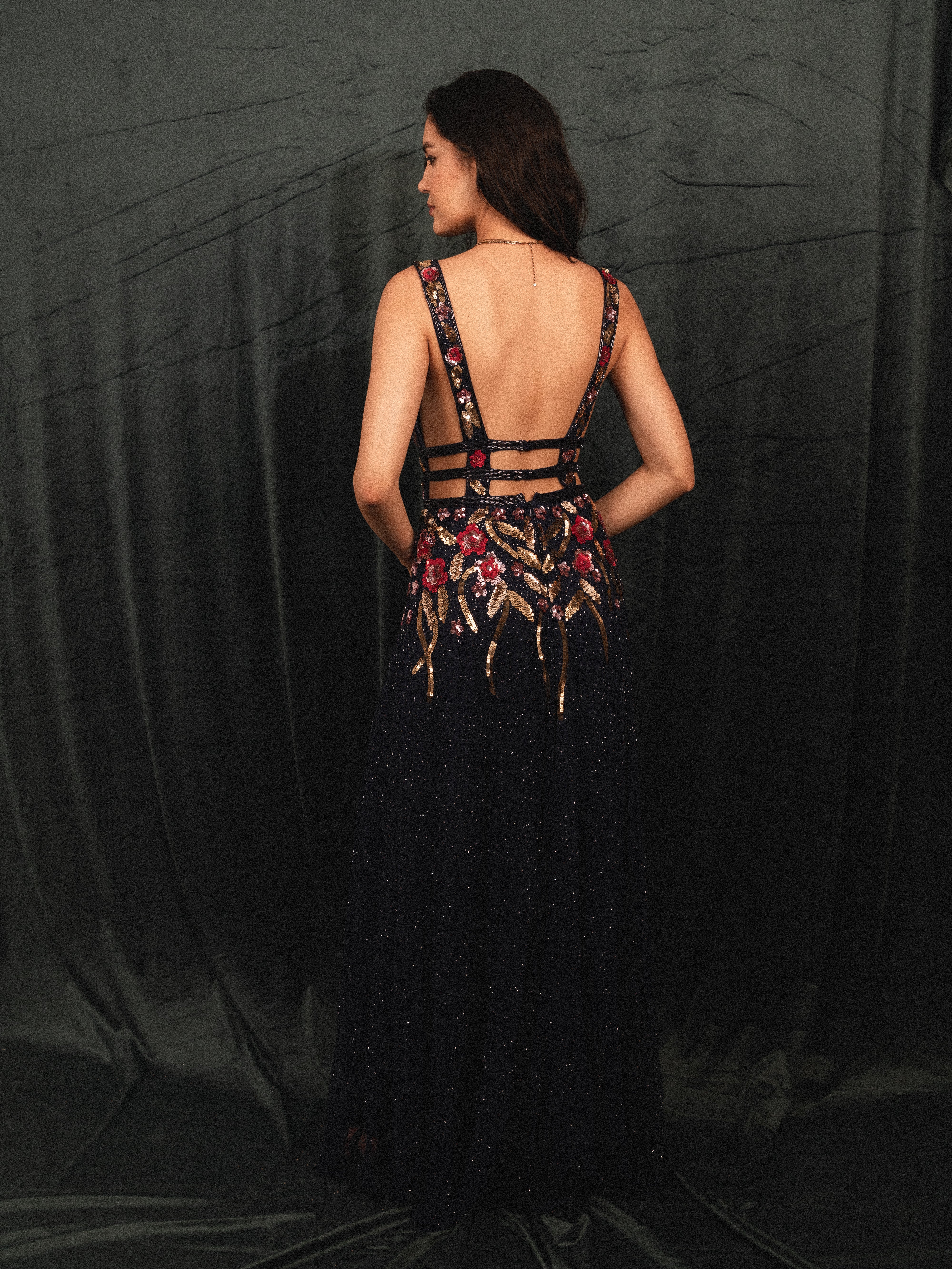 Long Beaded Garden Dress in navy