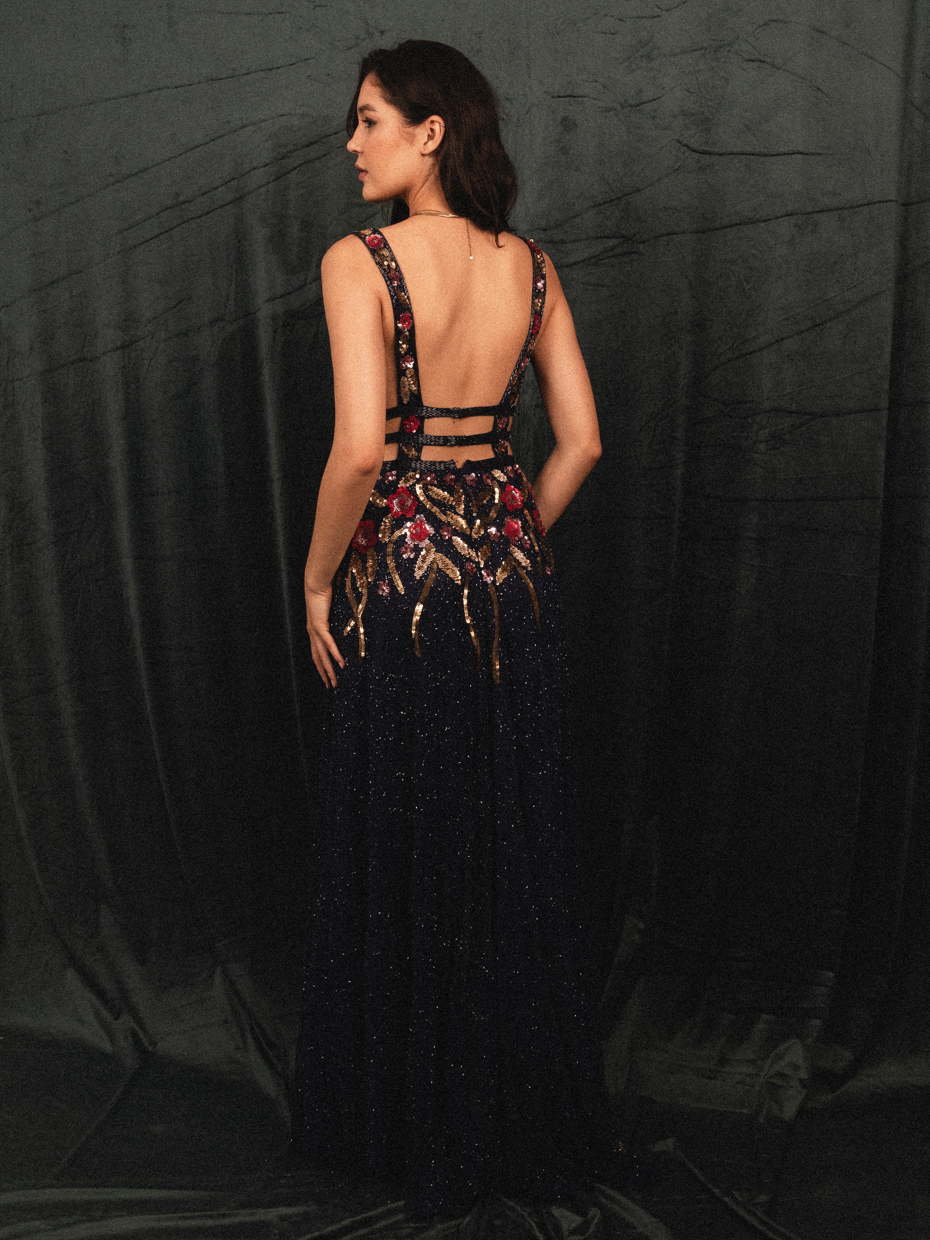 Long Beaded Garden Dress in navy