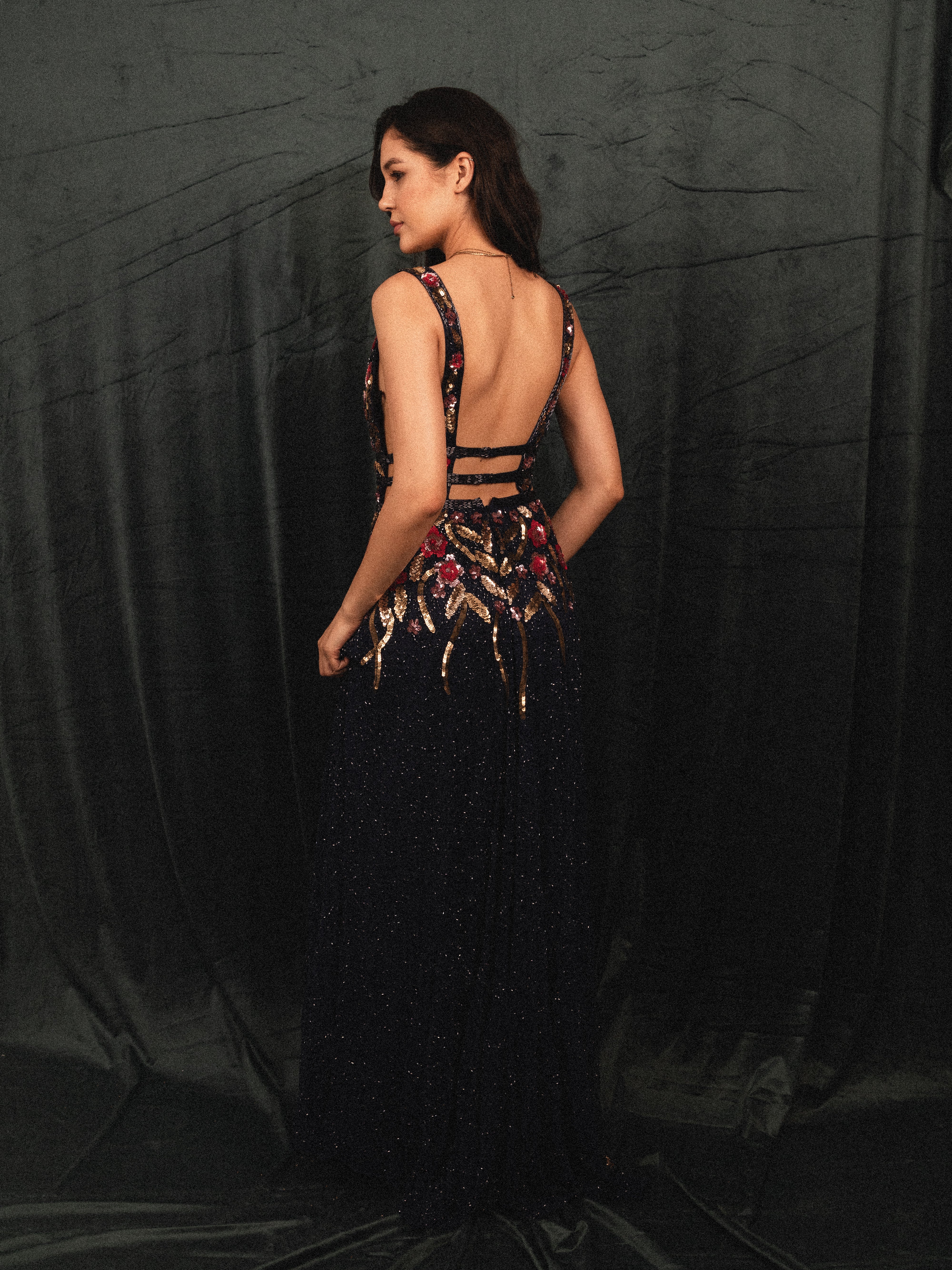 Long Beaded Garden Dress in navy