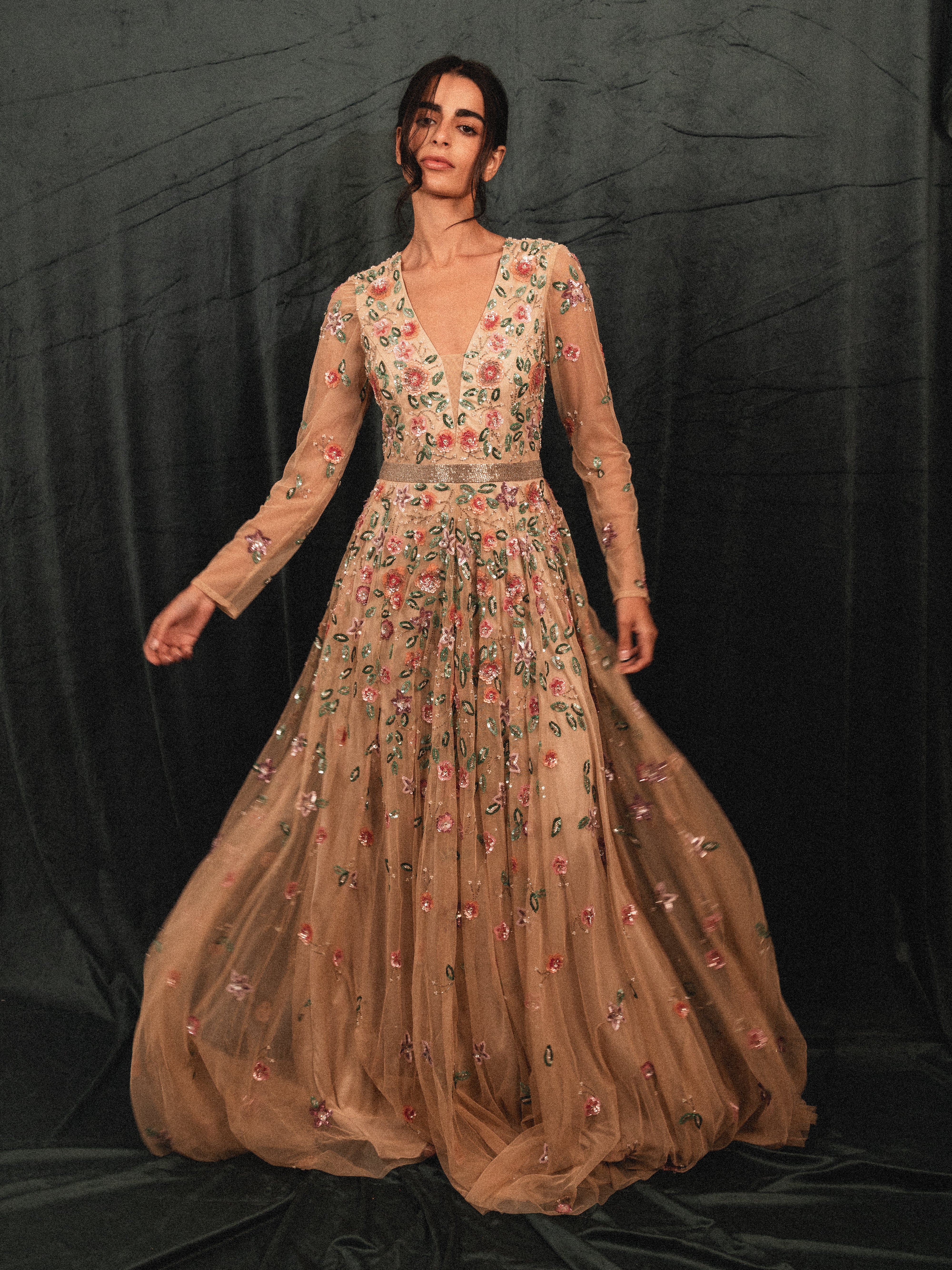 garden long beaded modest dress in CREAM