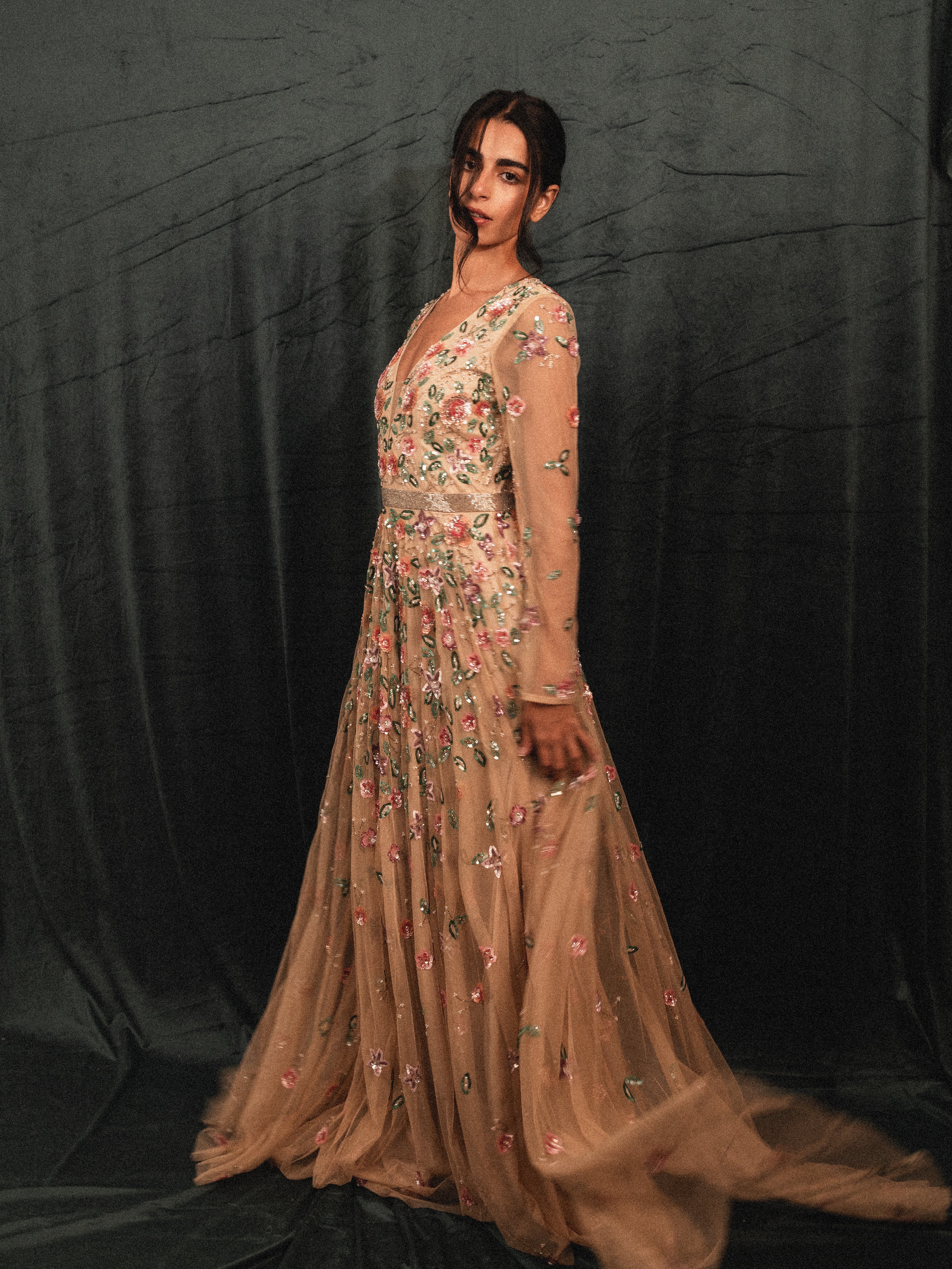 garden long beaded modest dress in CREAM