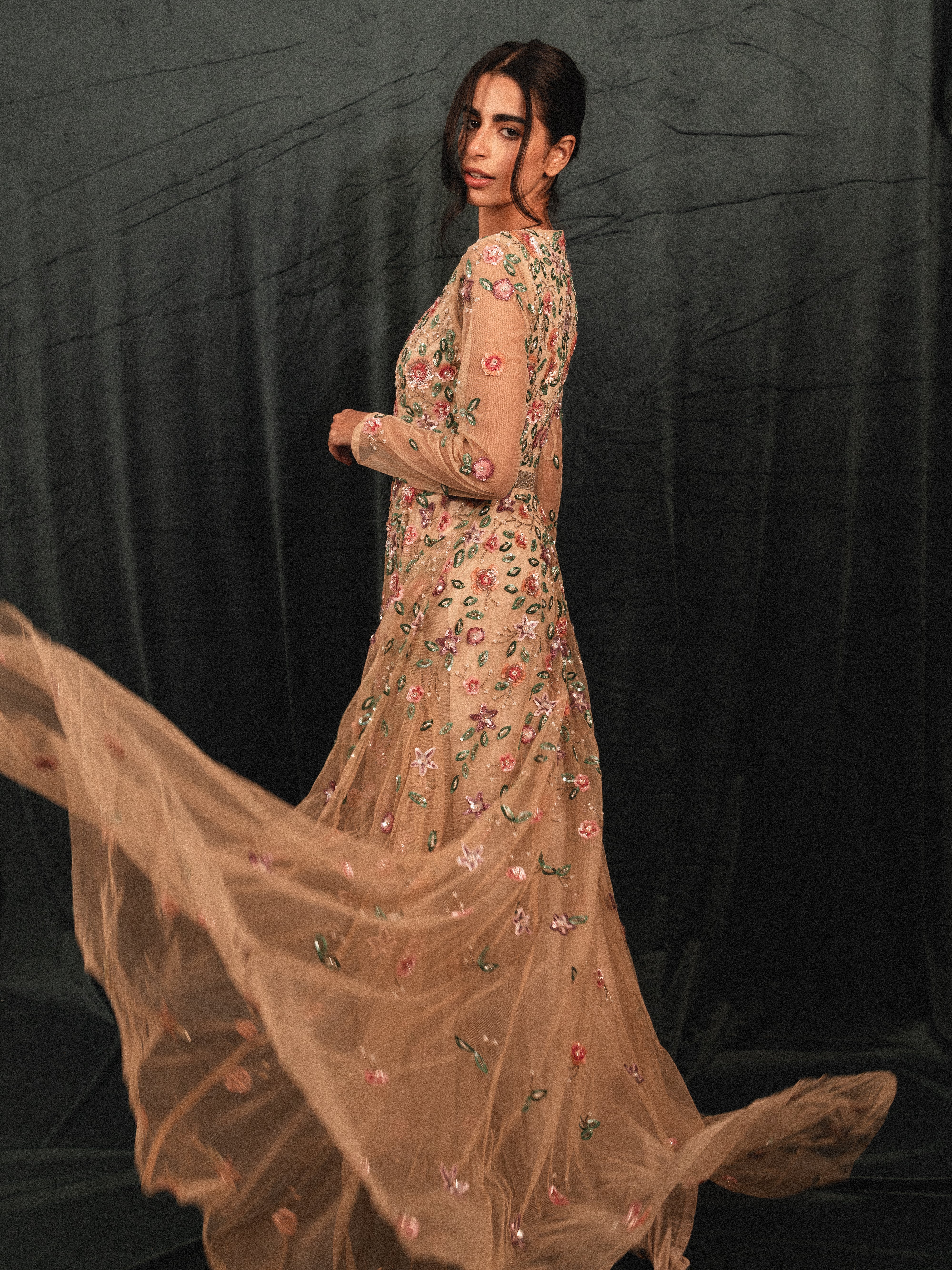 garden long beaded modest dress in CREAM