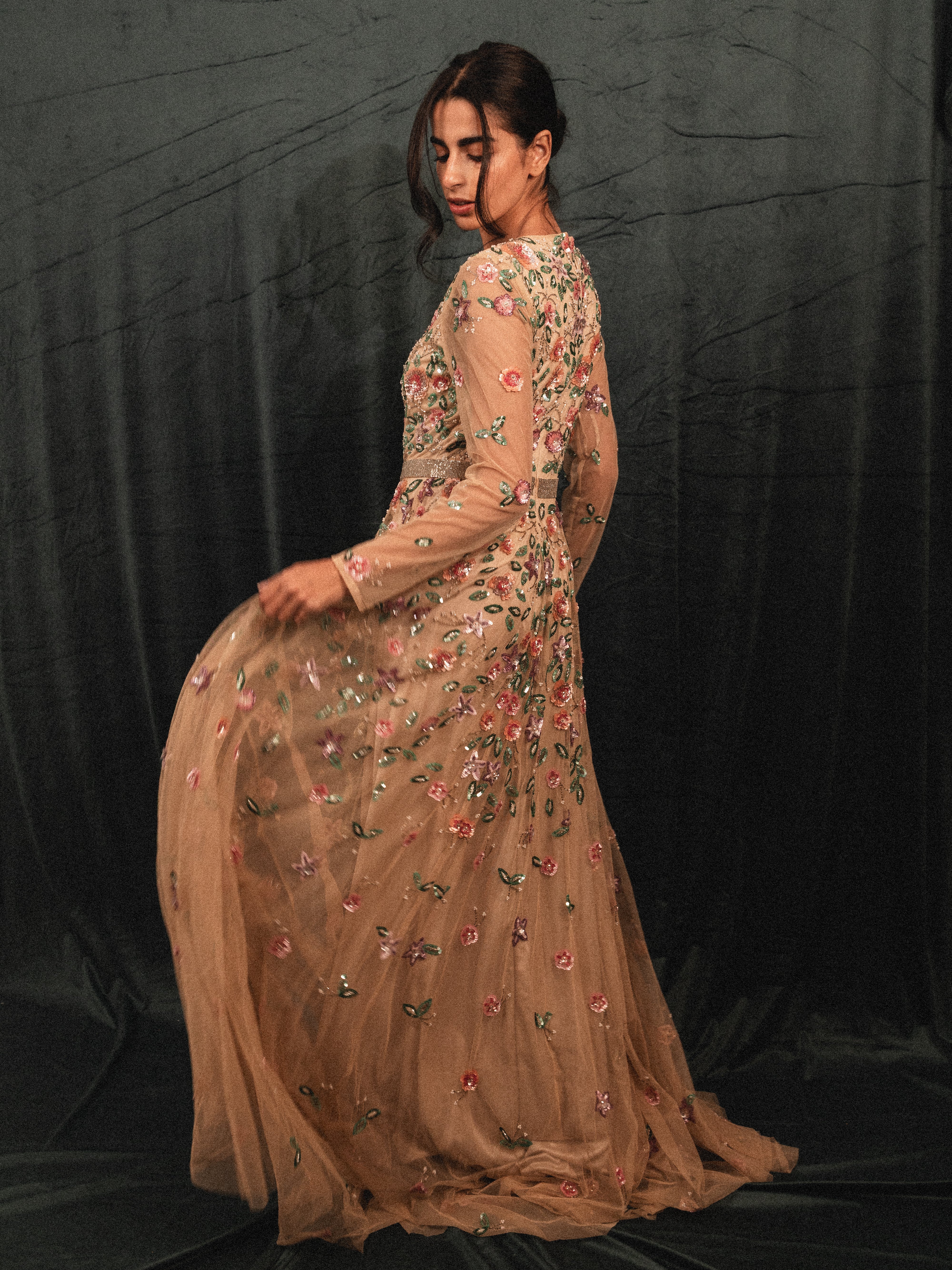 garden long beaded modest dress in CREAM