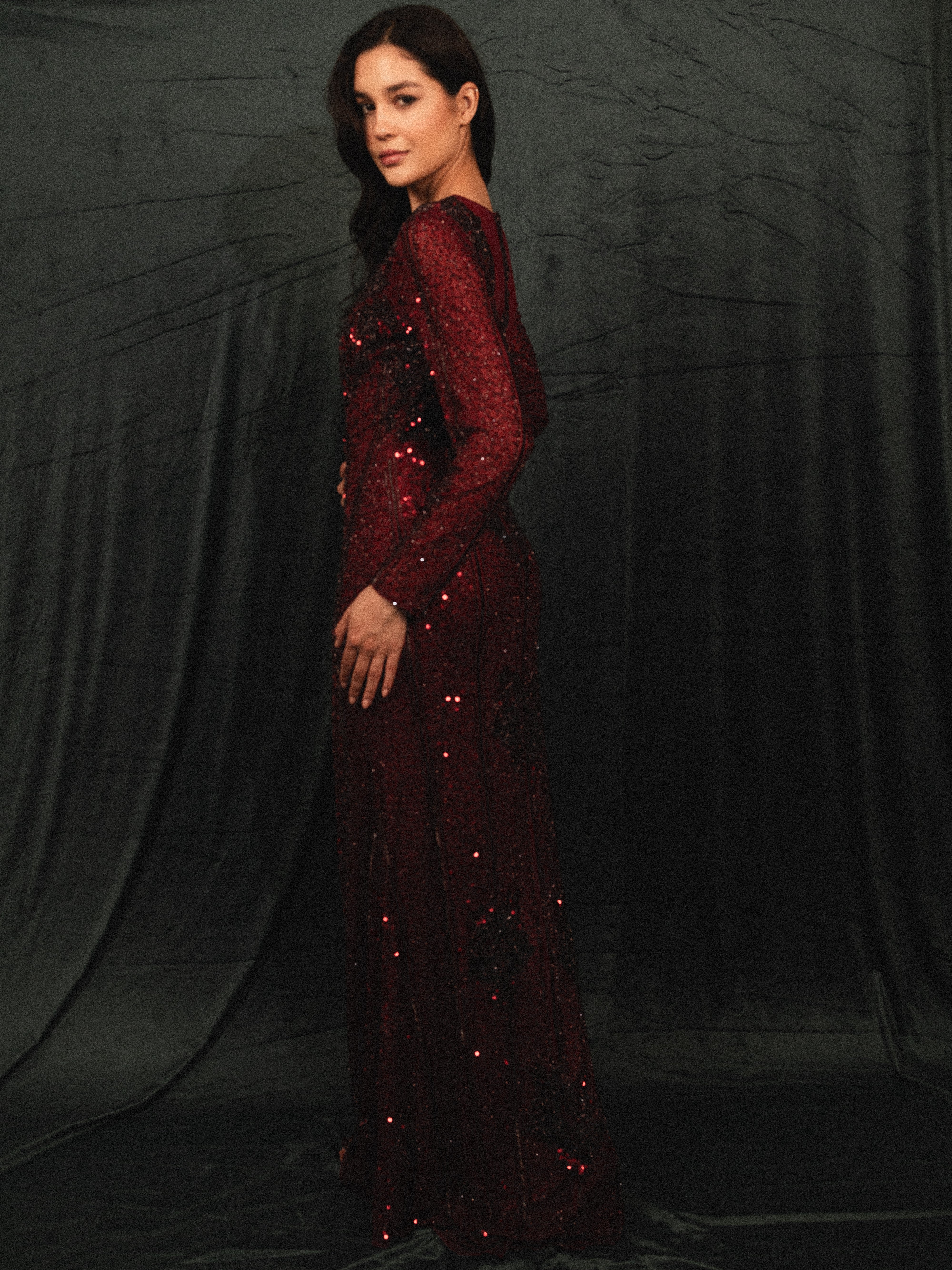 BEADED MODEST DRESS IN BURGUNDY
