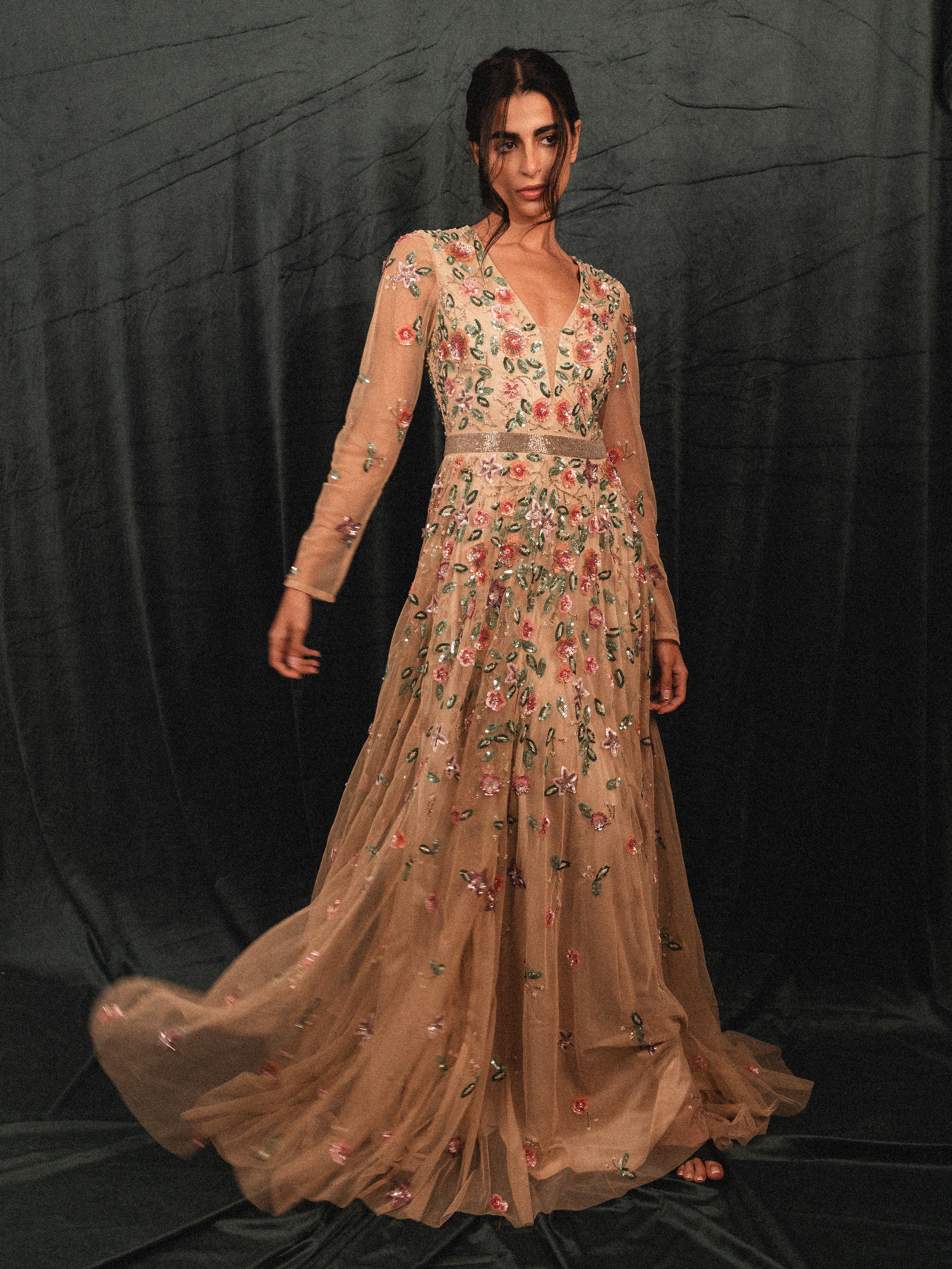 garden long beaded modest dress in CREAM