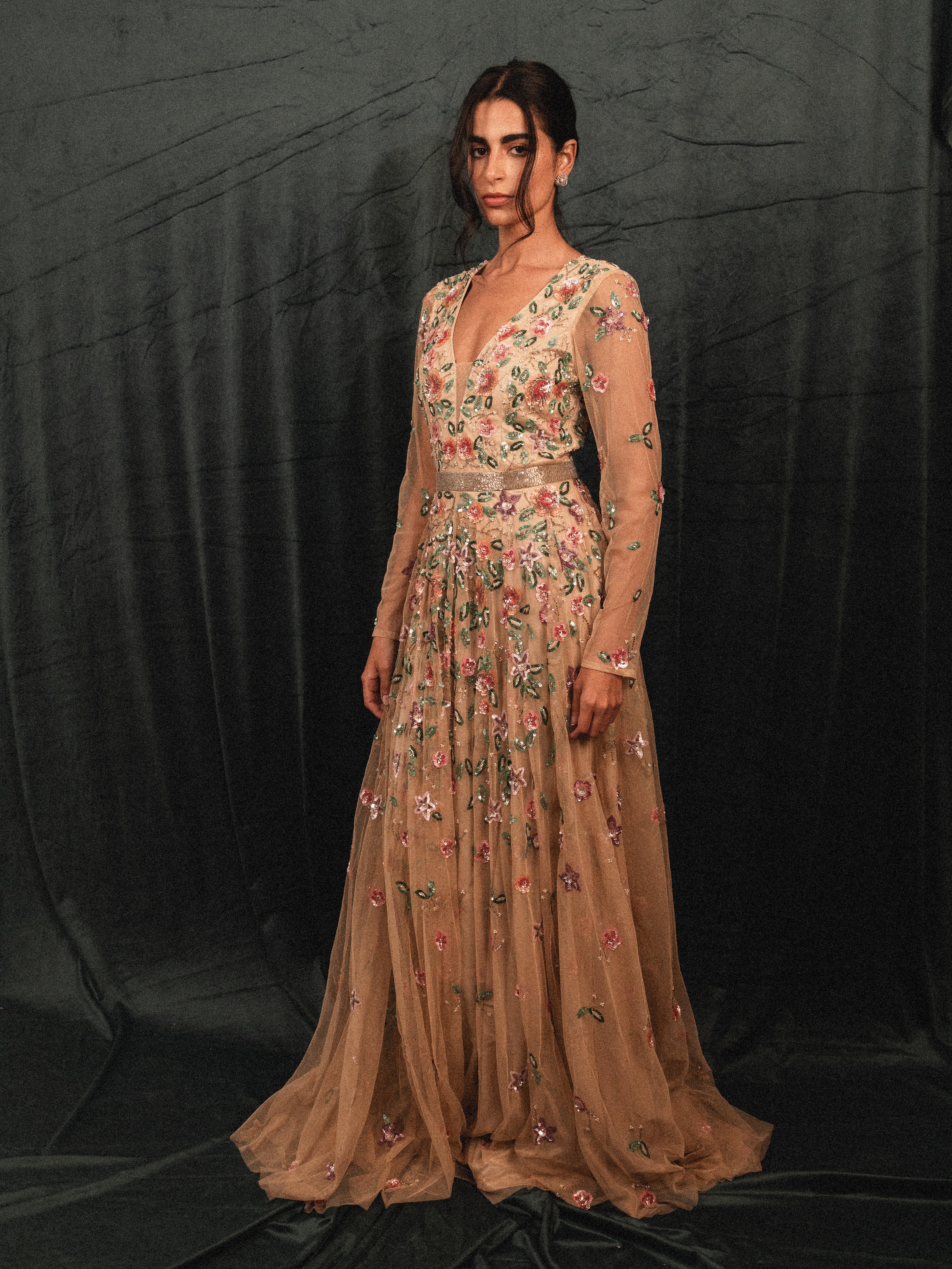 garden long beaded modest dress in CREAM