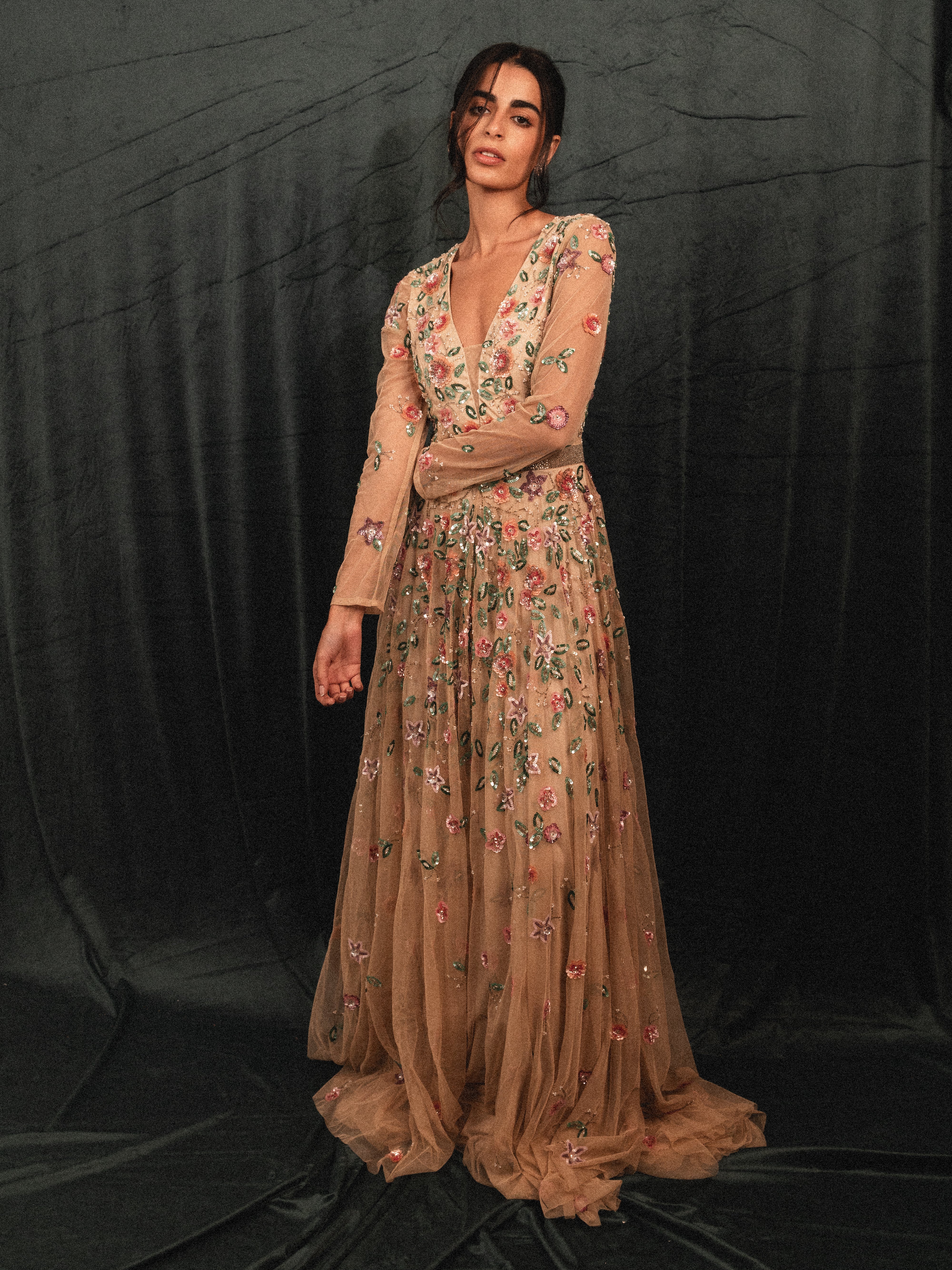 garden long beaded modest dress in CREAM