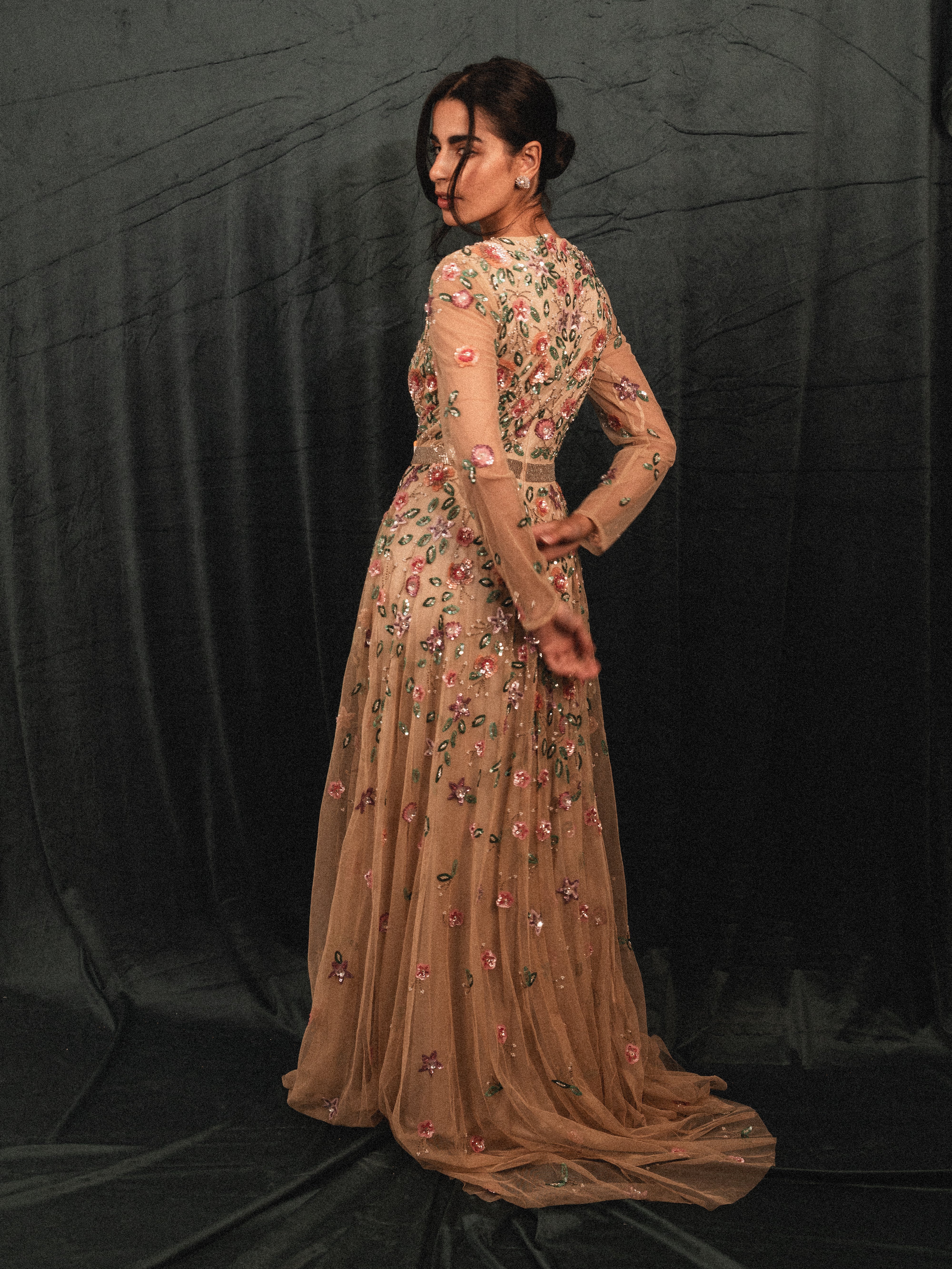 garden long beaded modest dress in CREAM