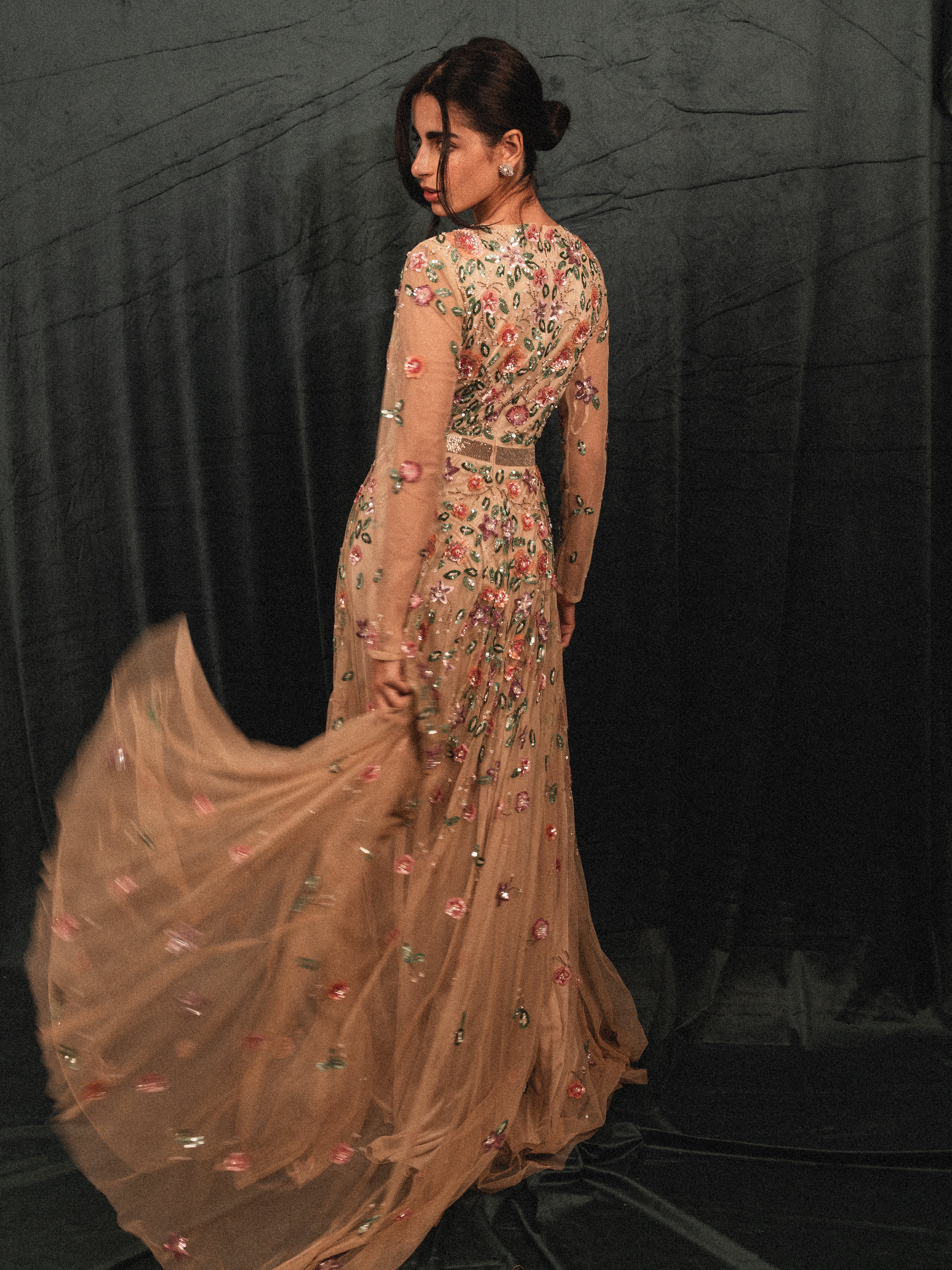 garden long beaded modest dress in CREAM