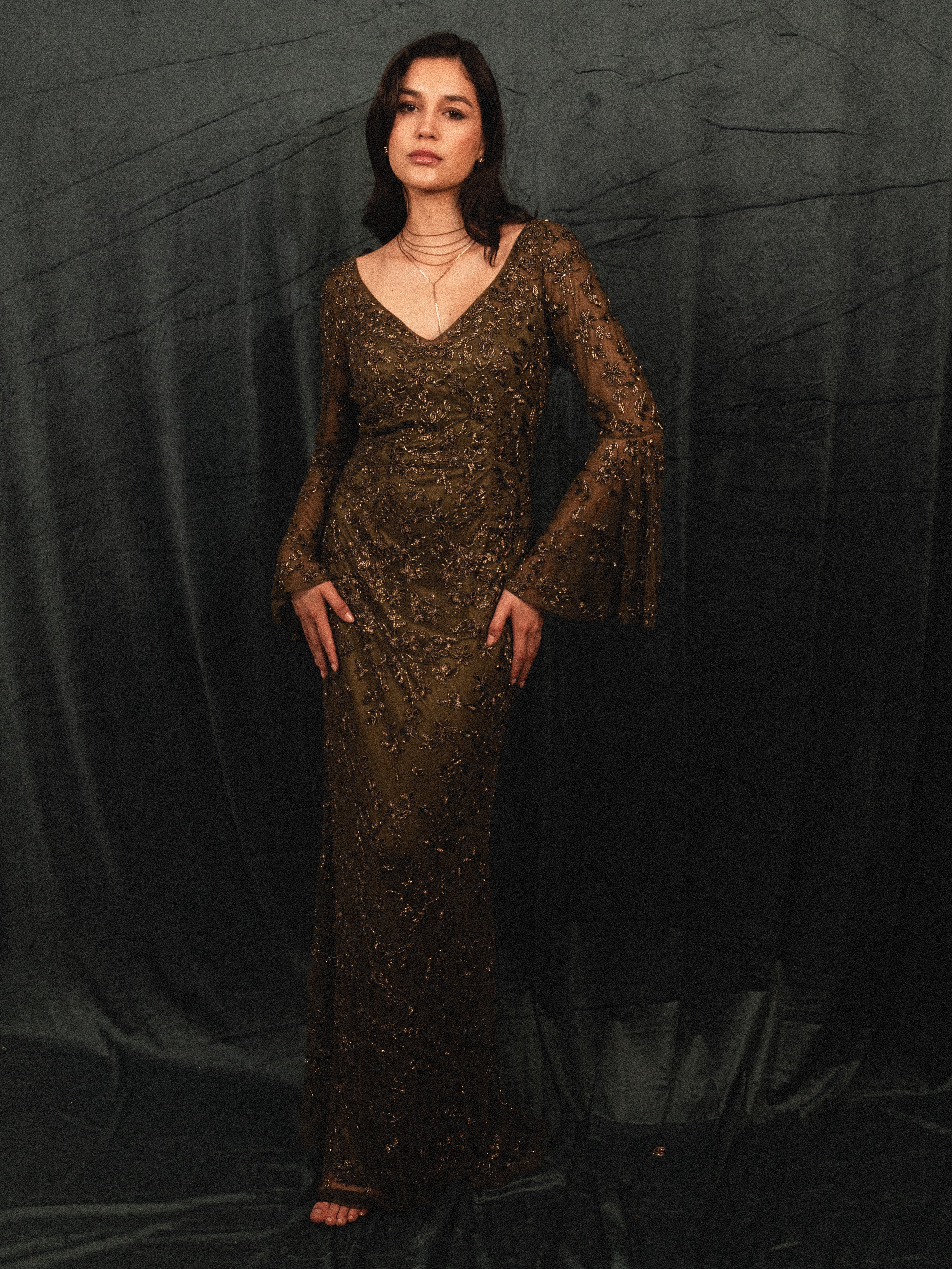 beaded modest ruffled long sleeve in olive
