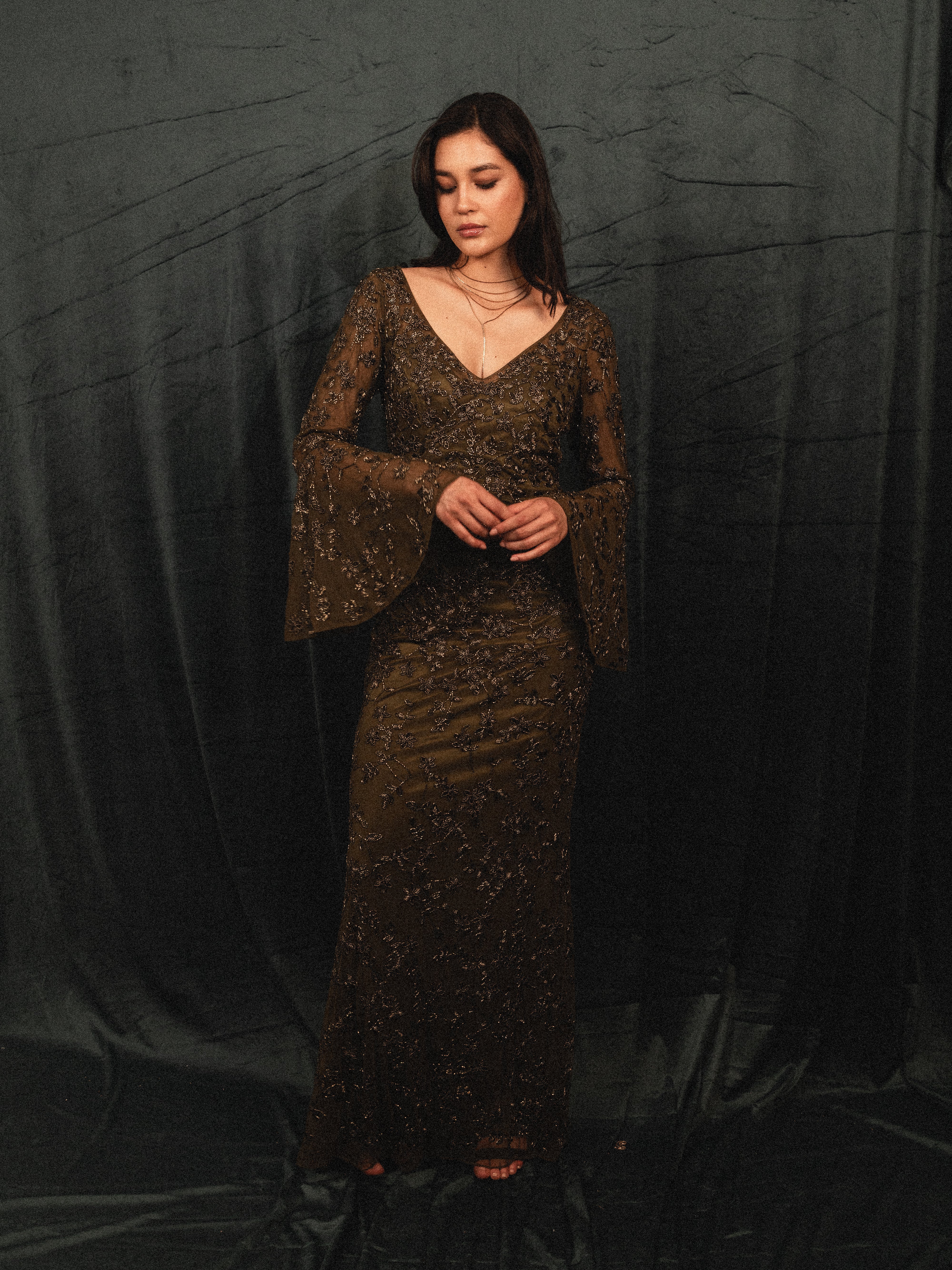 beaded modest ruffled long sleeve in olive