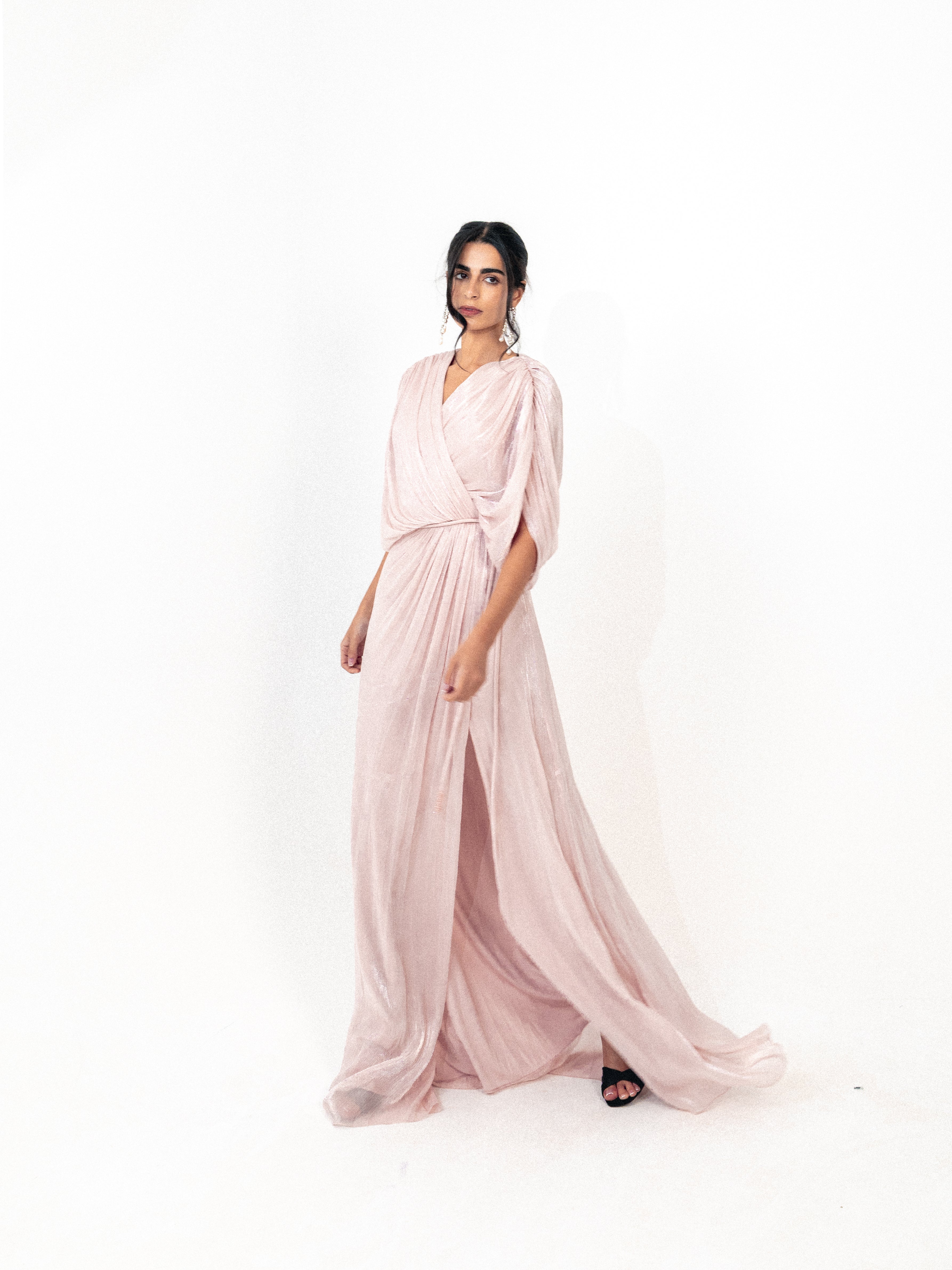 Draped organza long dress with slit in PINK