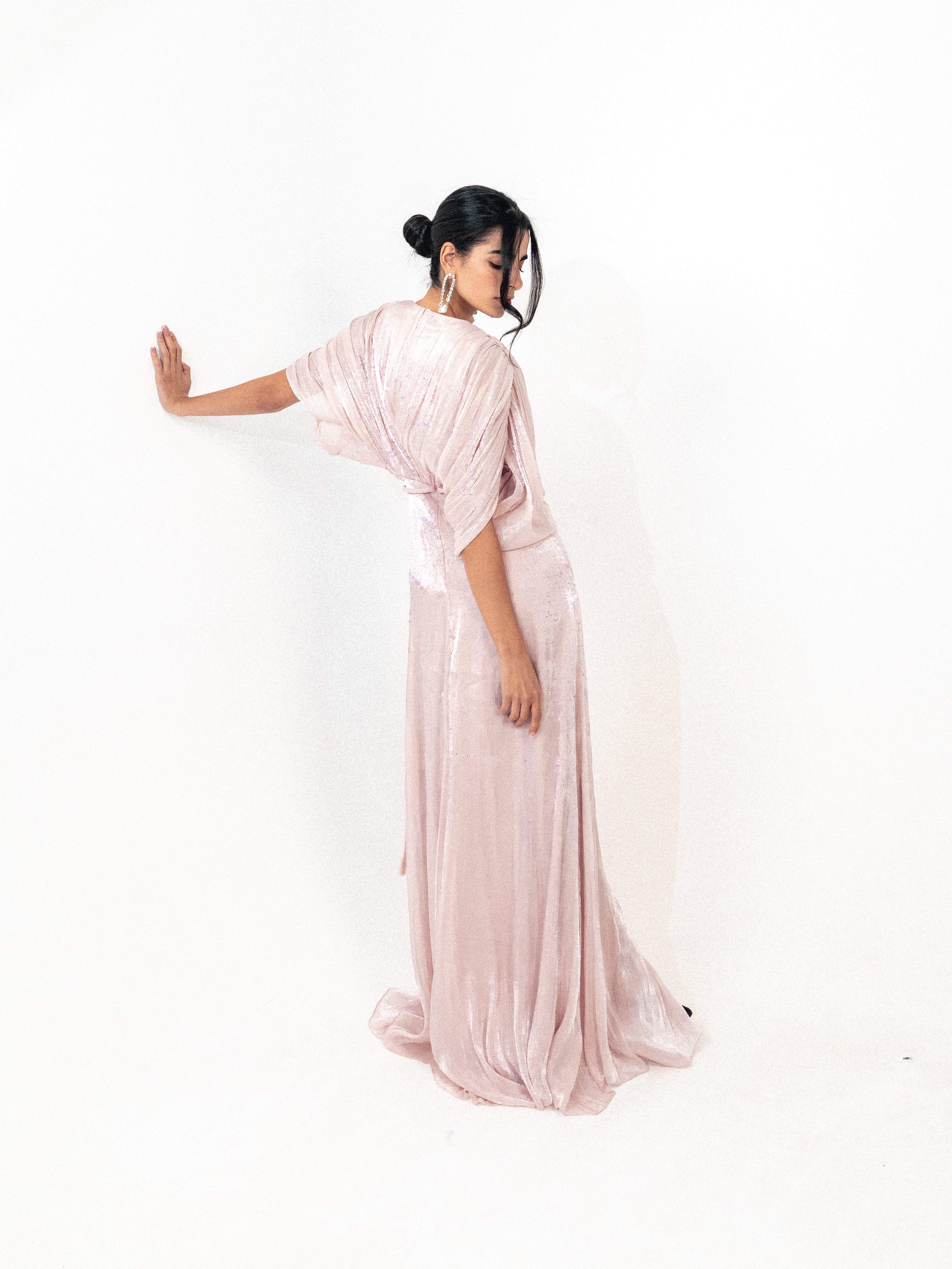 Draped organza long dress with slit in PINK