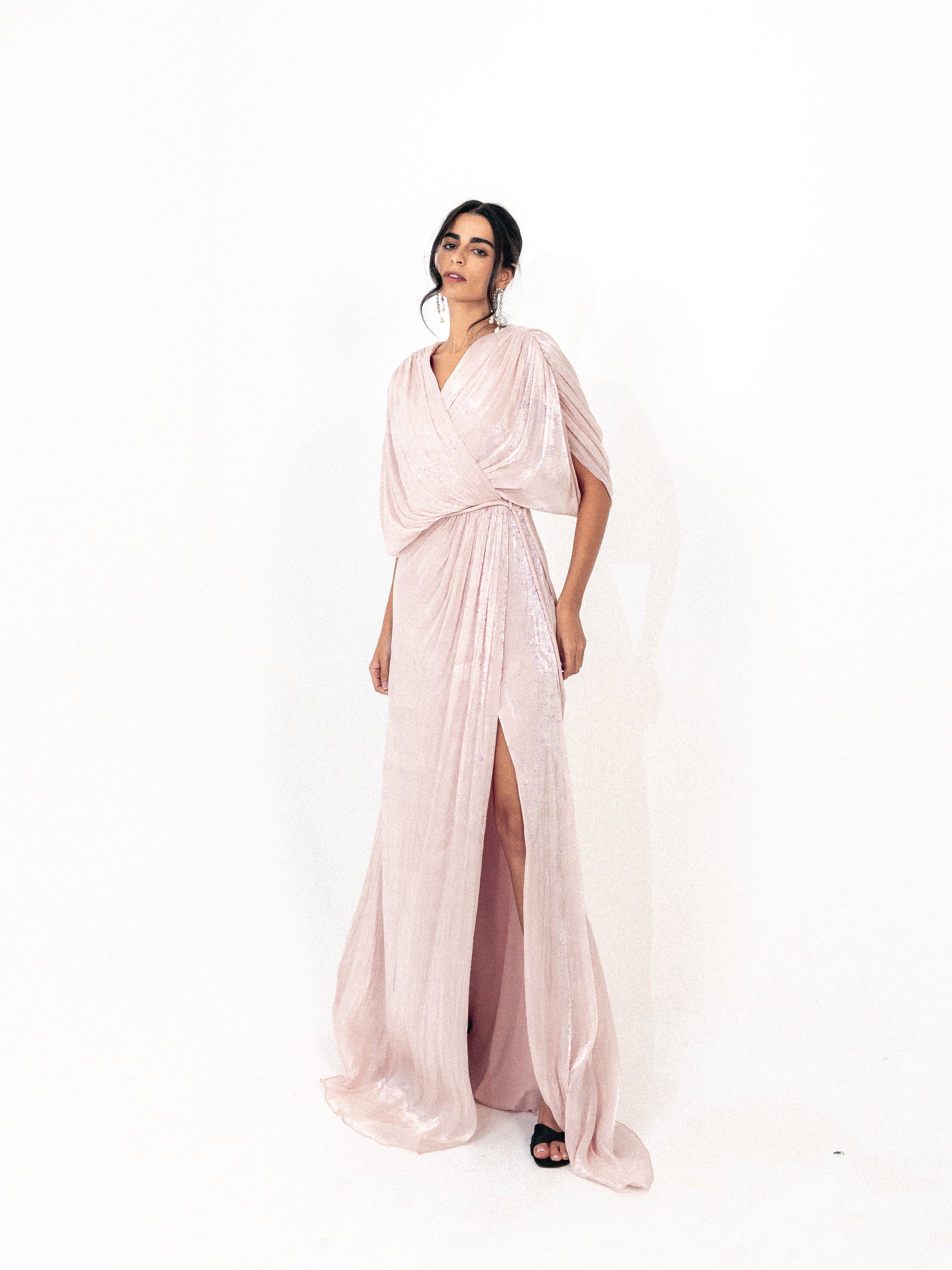 Draped organza long dress with slit in PINK