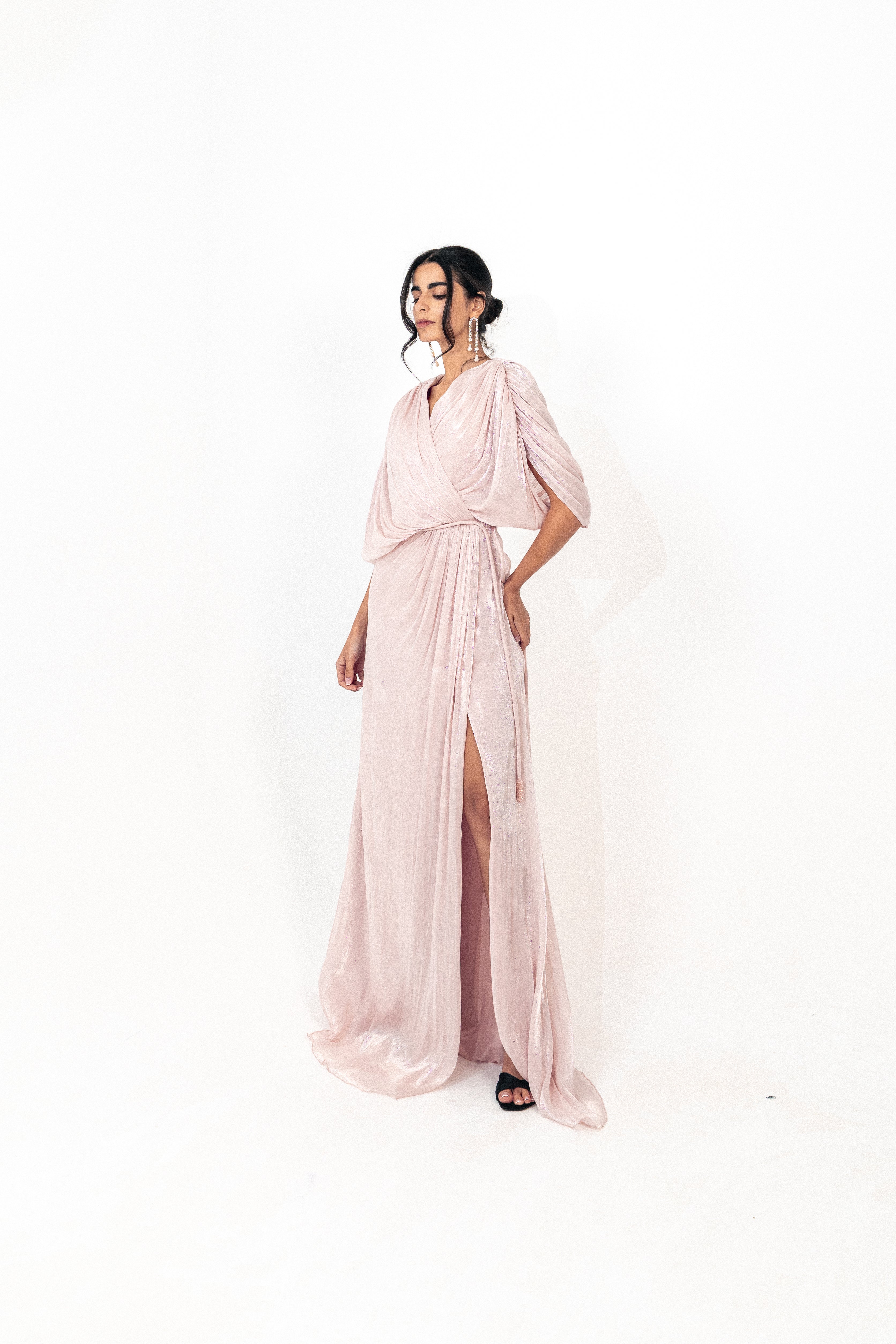 Draped organza long dress with slit in PINK