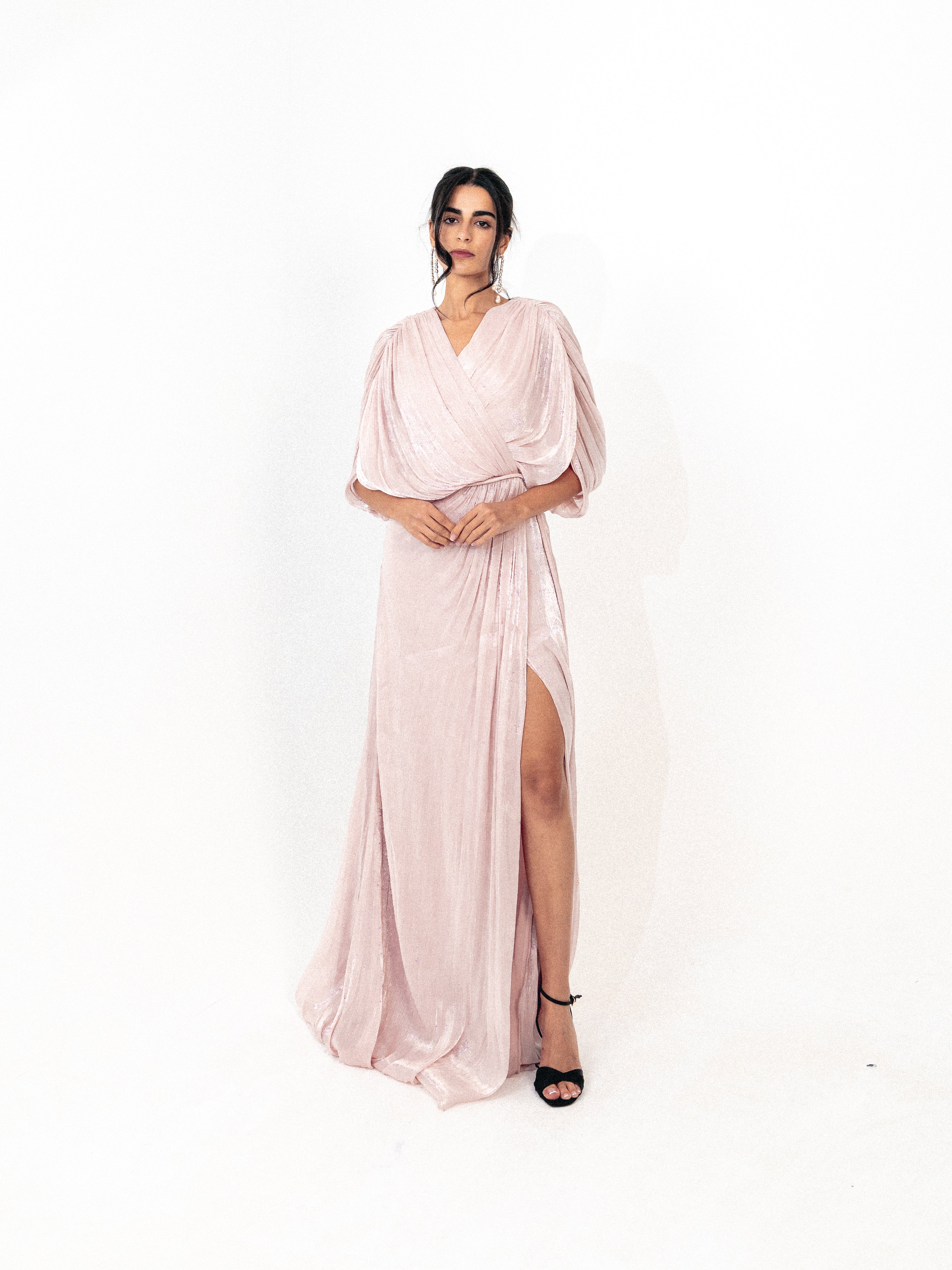 Draped organza long dress with slit in PINK