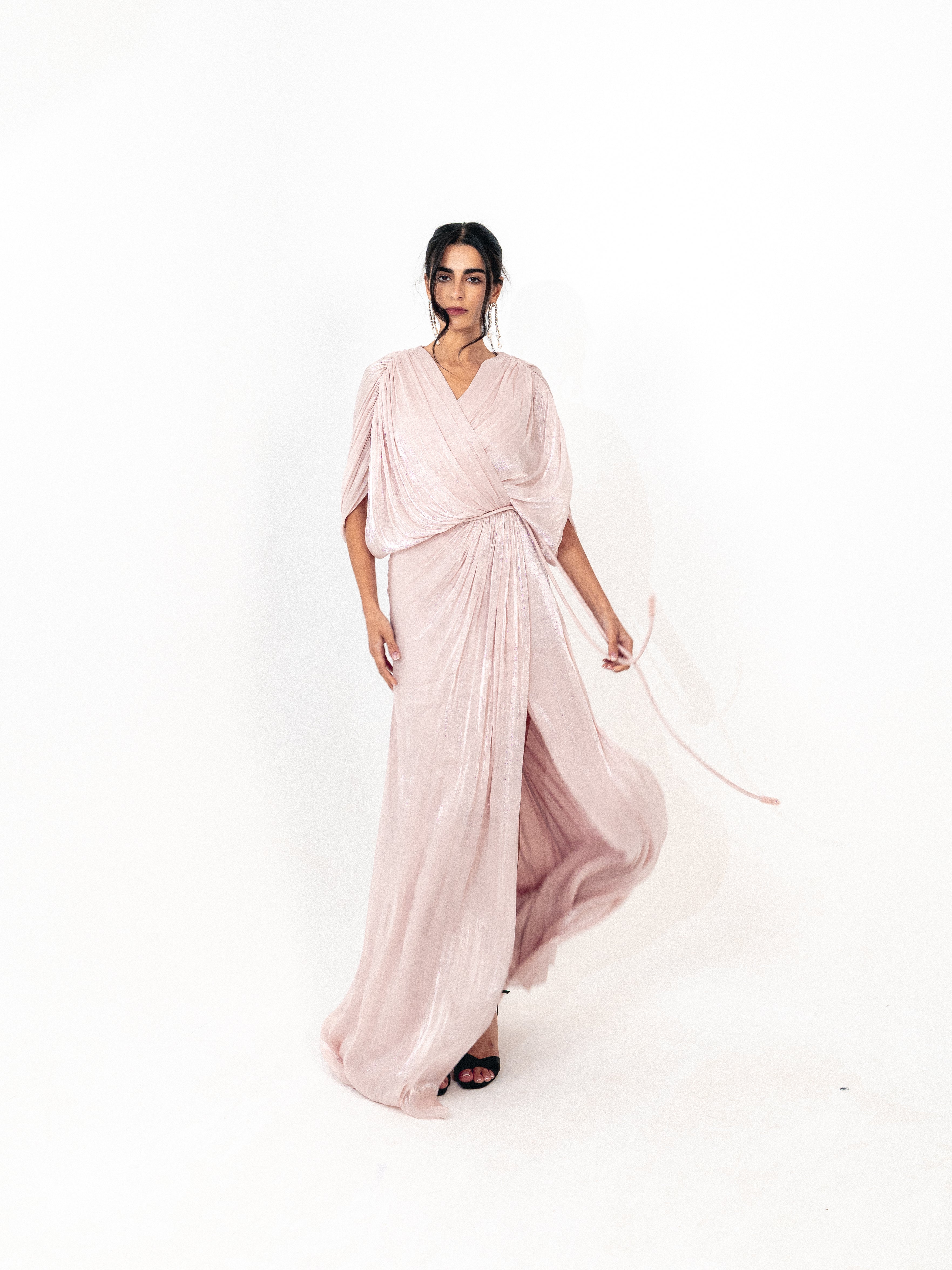 Draped organza long dress with slit in PINK