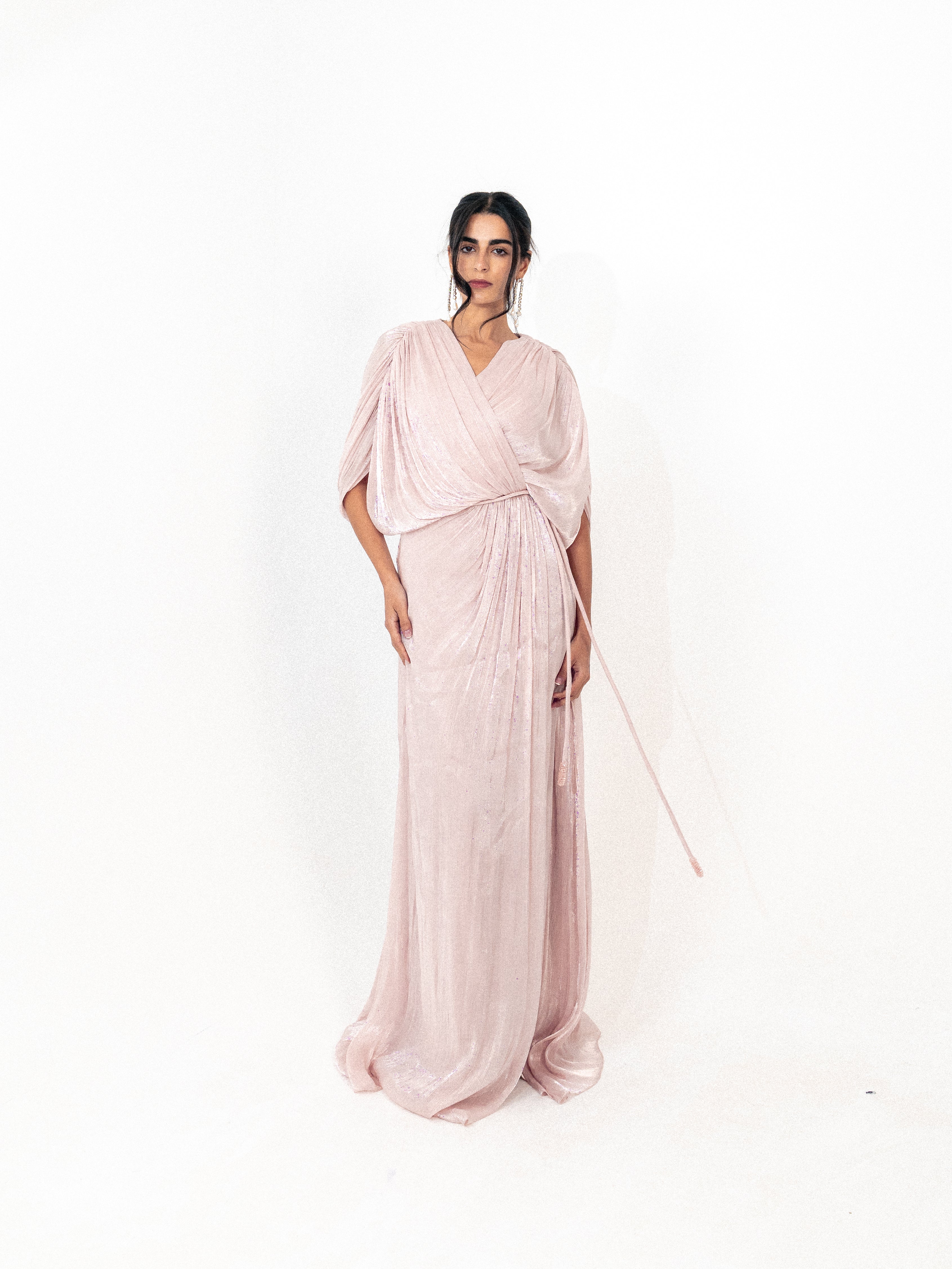 Draped organza long dress with slit in PINK