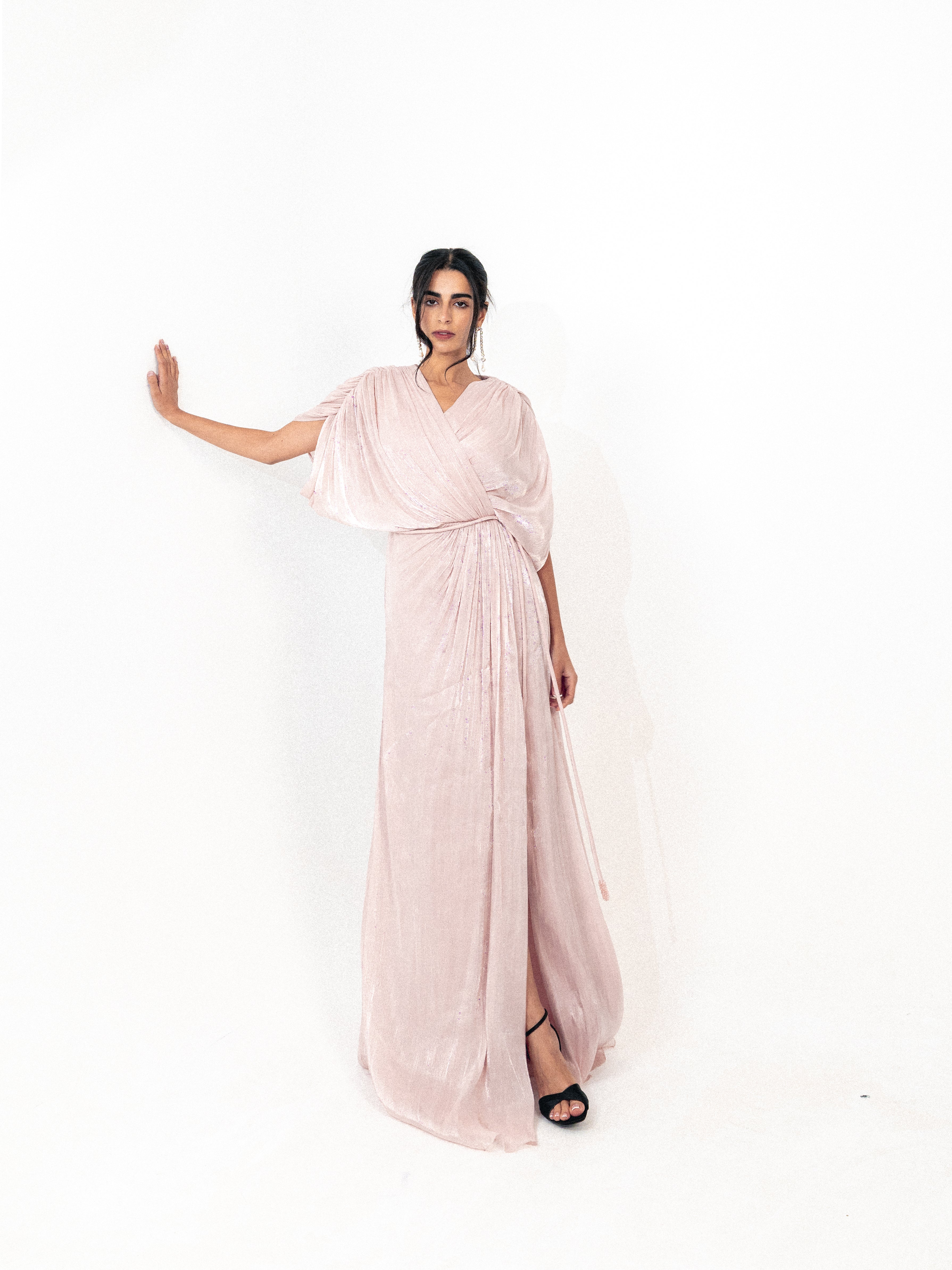 Draped organza long dress with slit in PINK