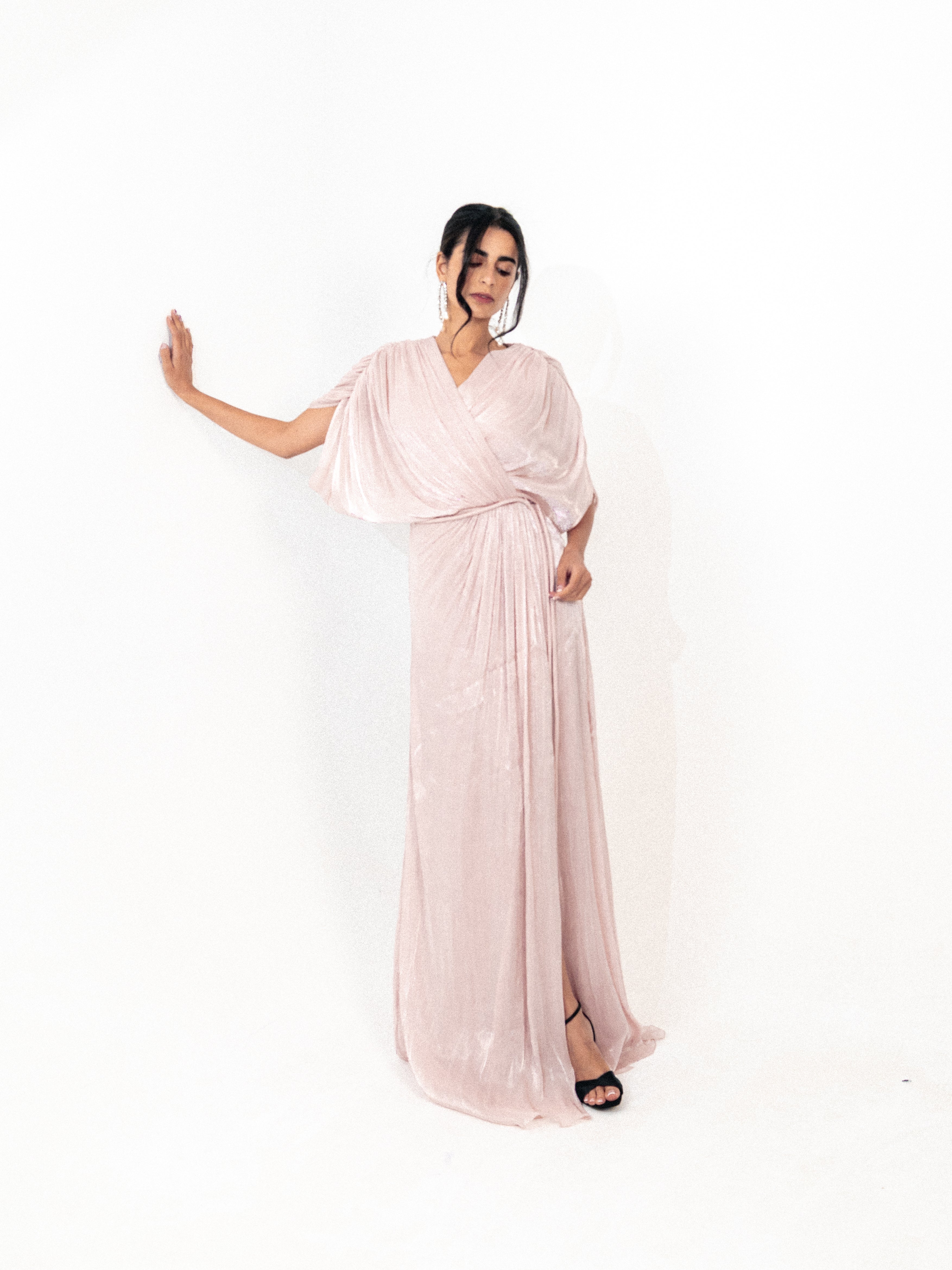 Draped organza long dress with slit in PINK