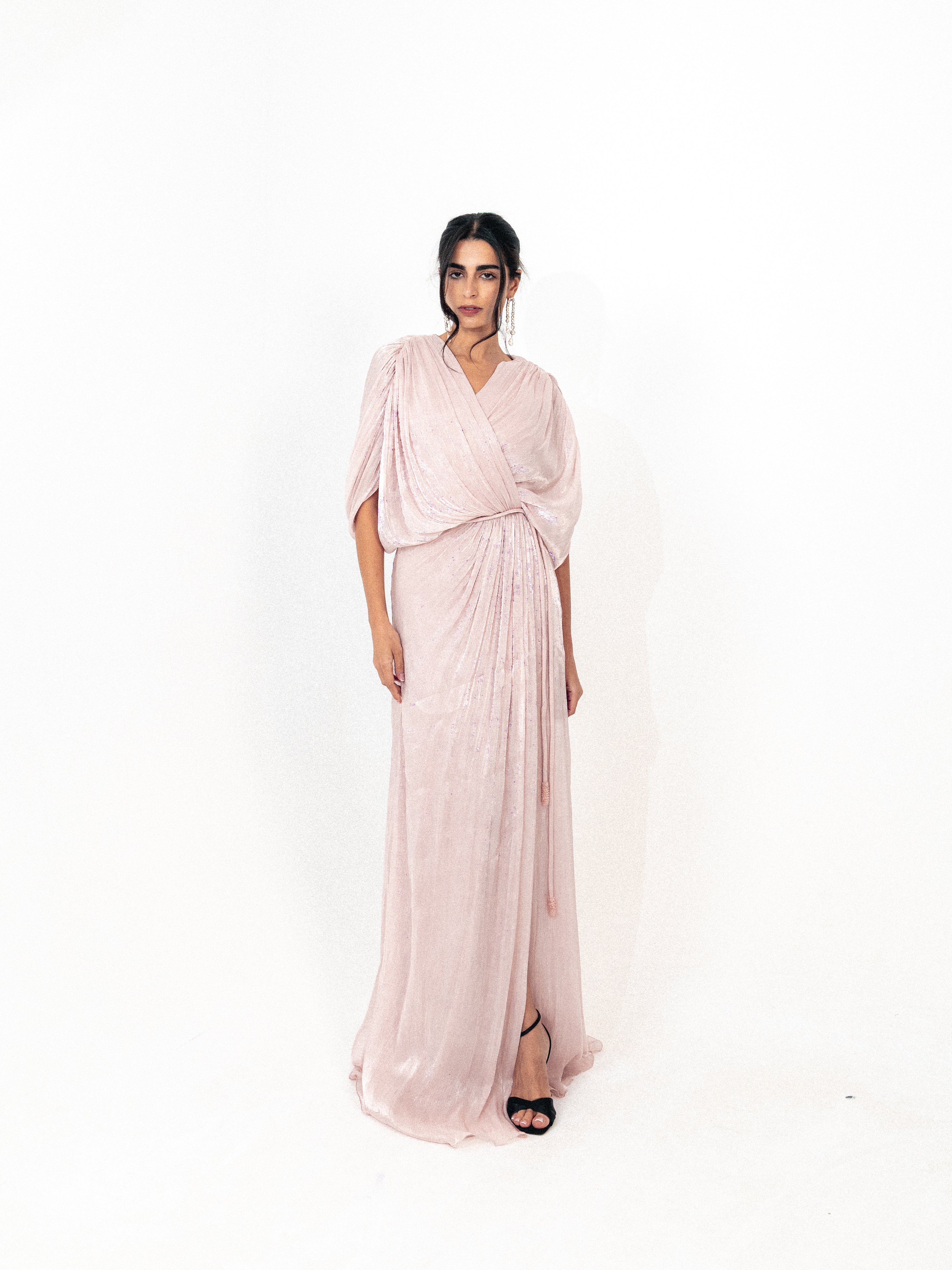 Draped organza long dress with slit in PINK