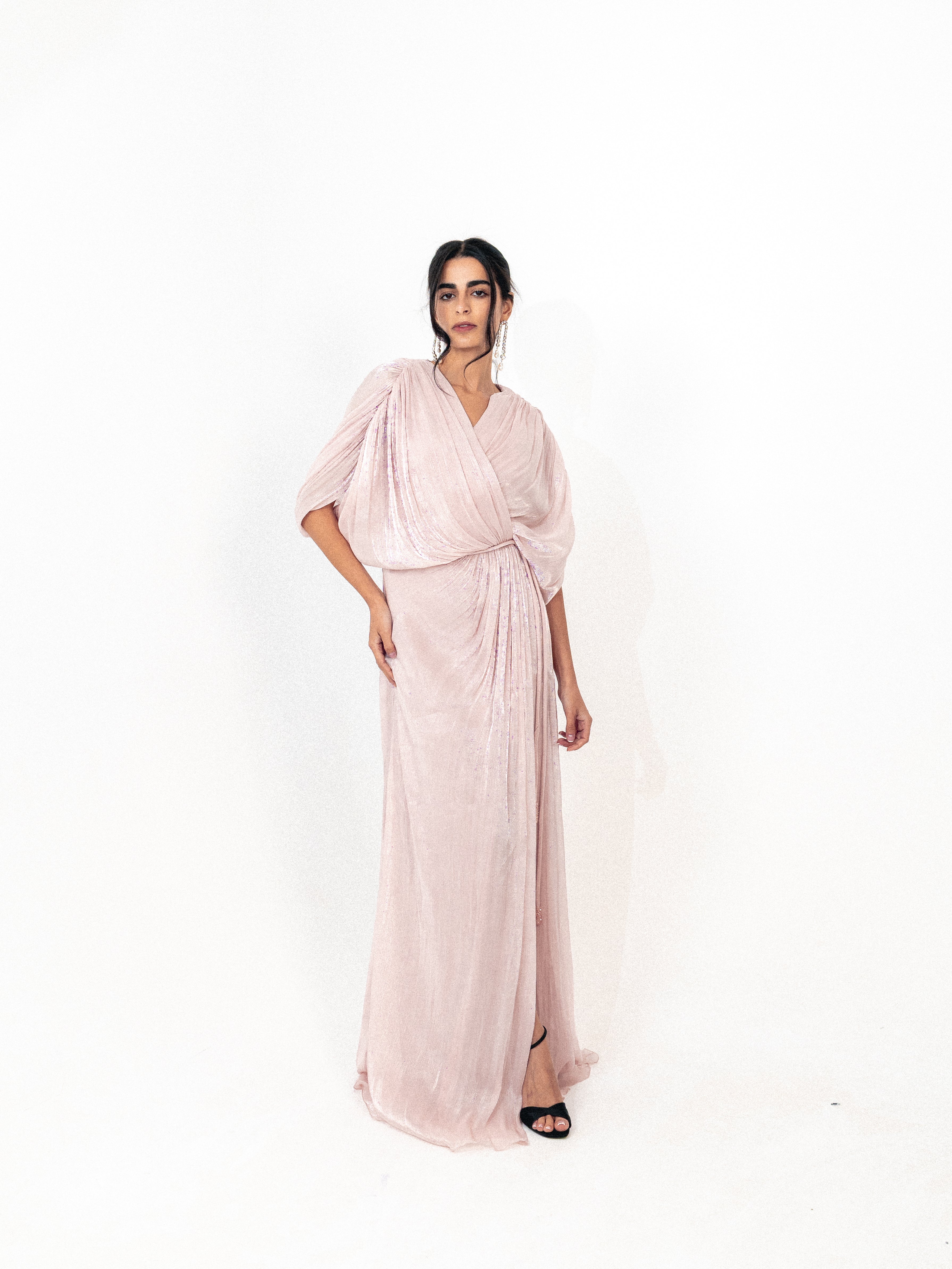 Draped organza long dress with slit in PINK