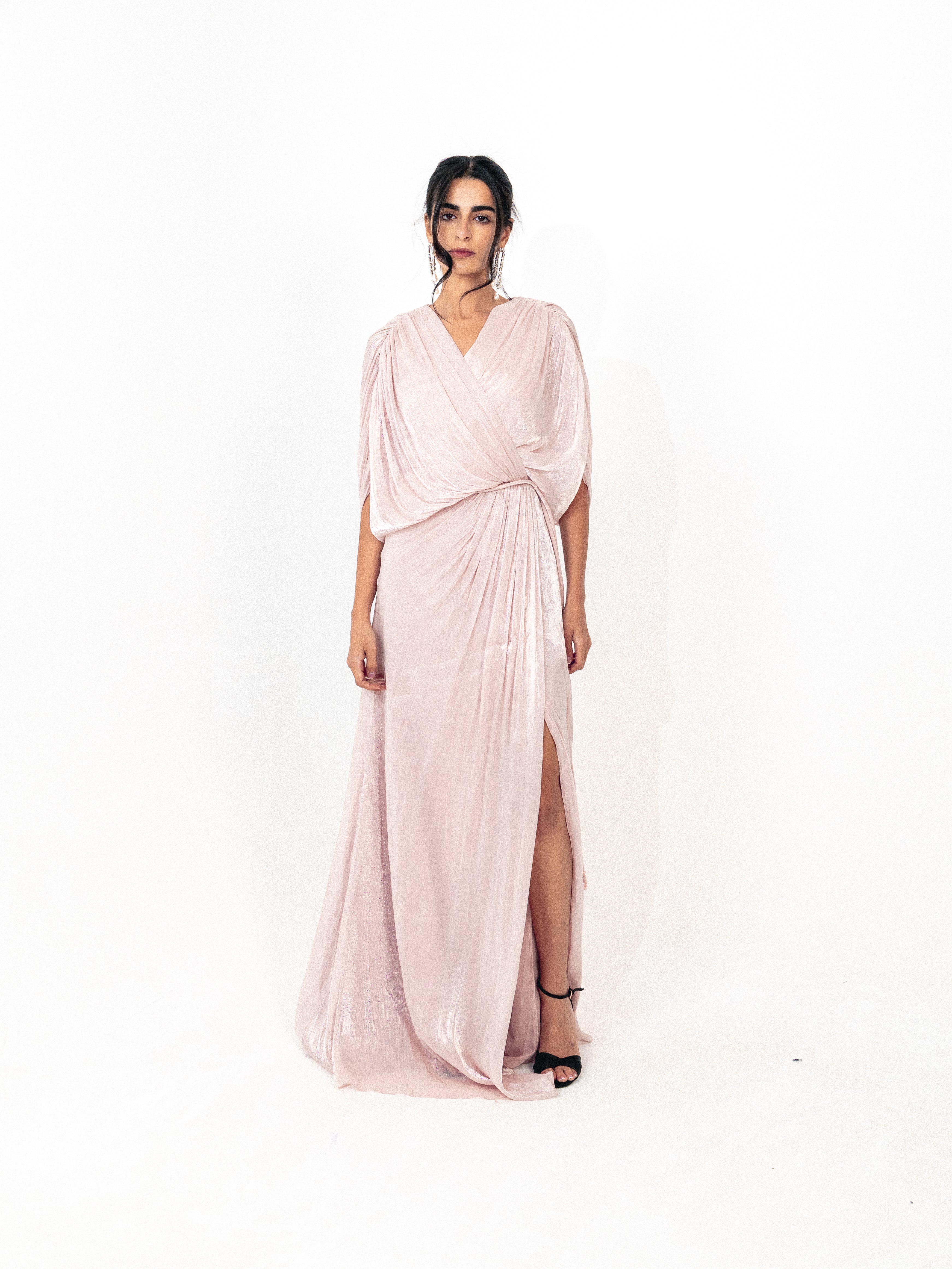Draped organza long dress with slit in PINK