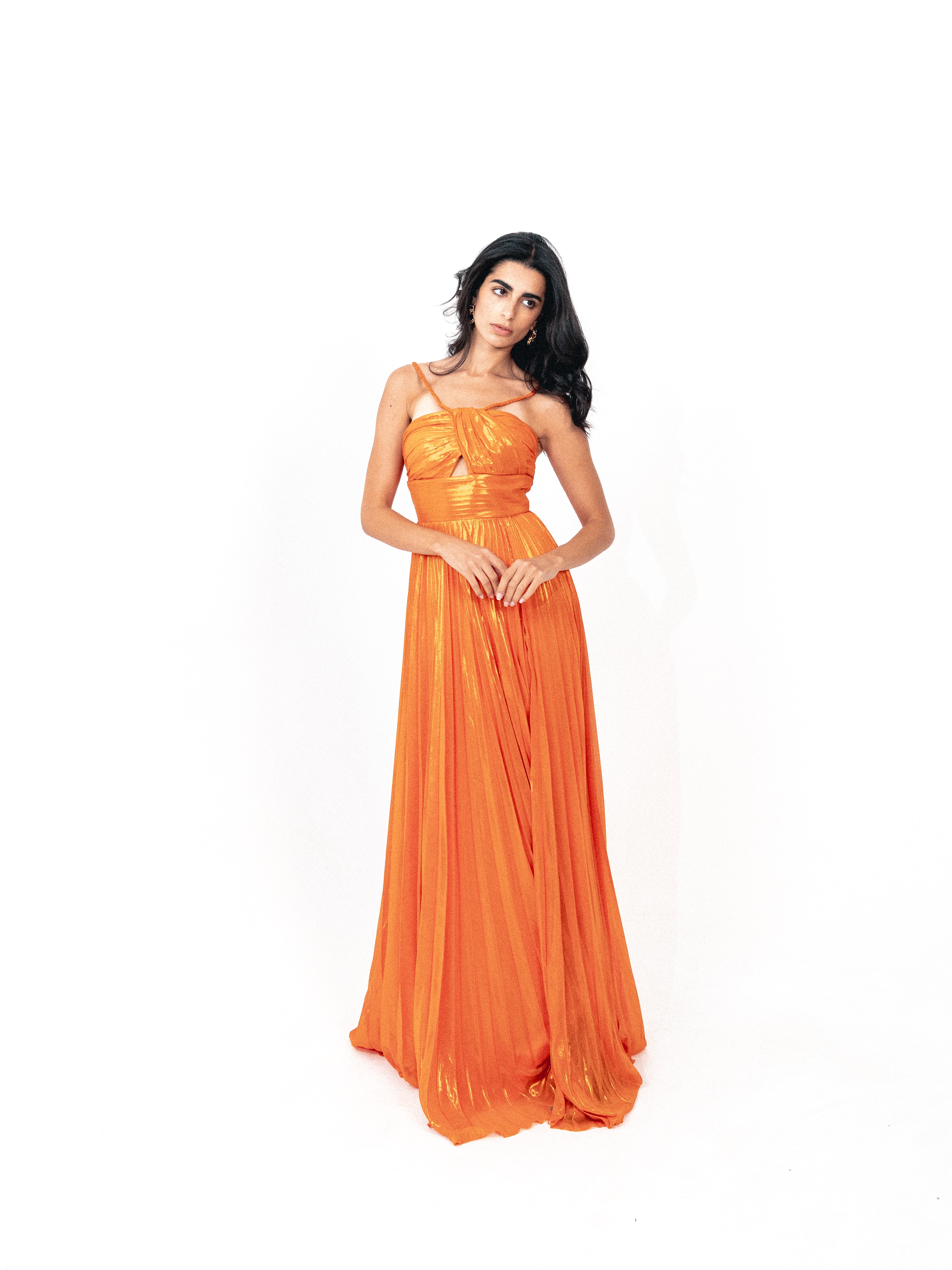 Plisse dress with spaghetti strap In orange