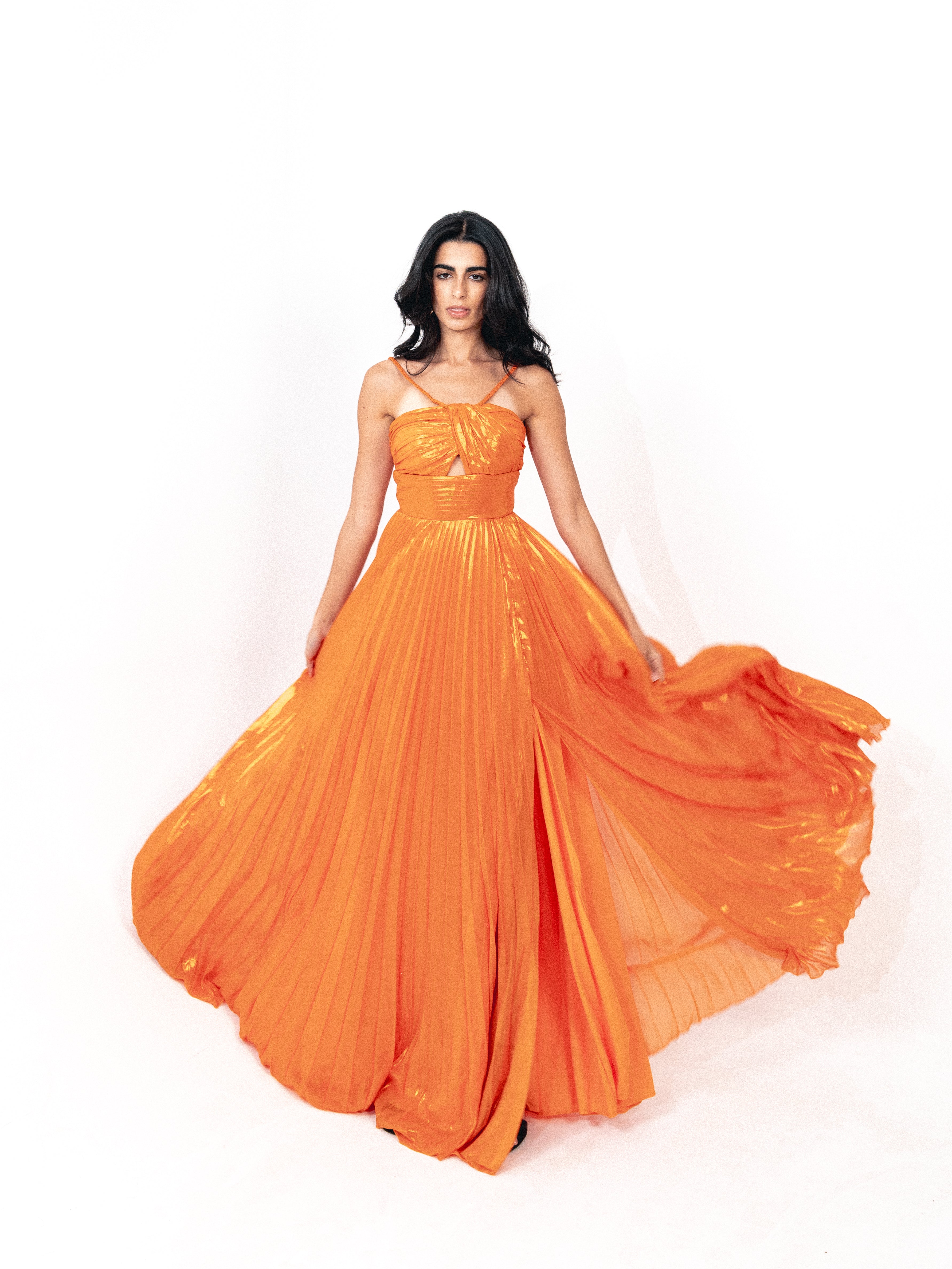 Plisse dress with spaghetti strap In orange