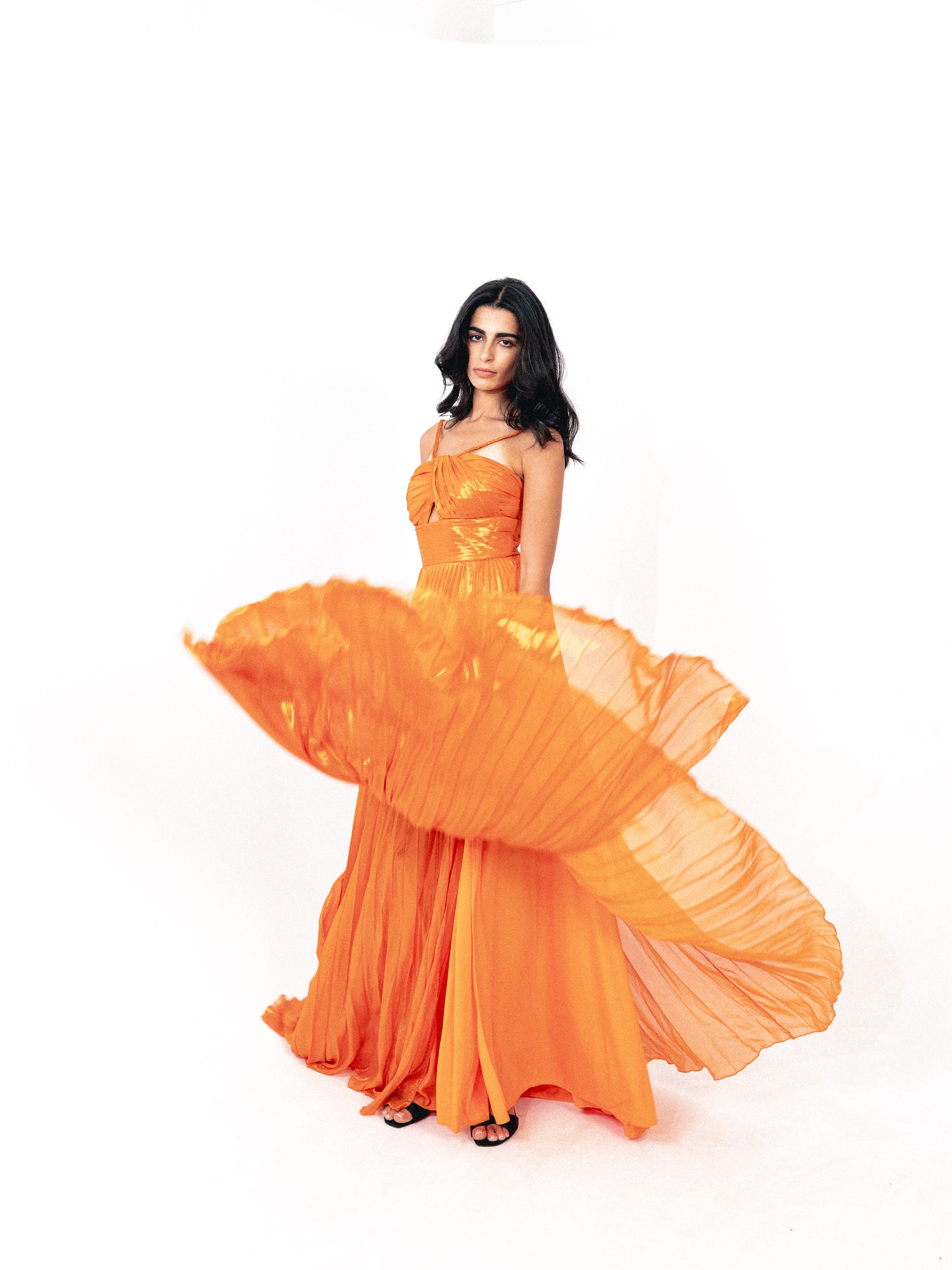 Plisse dress with spaghetti strap In orange