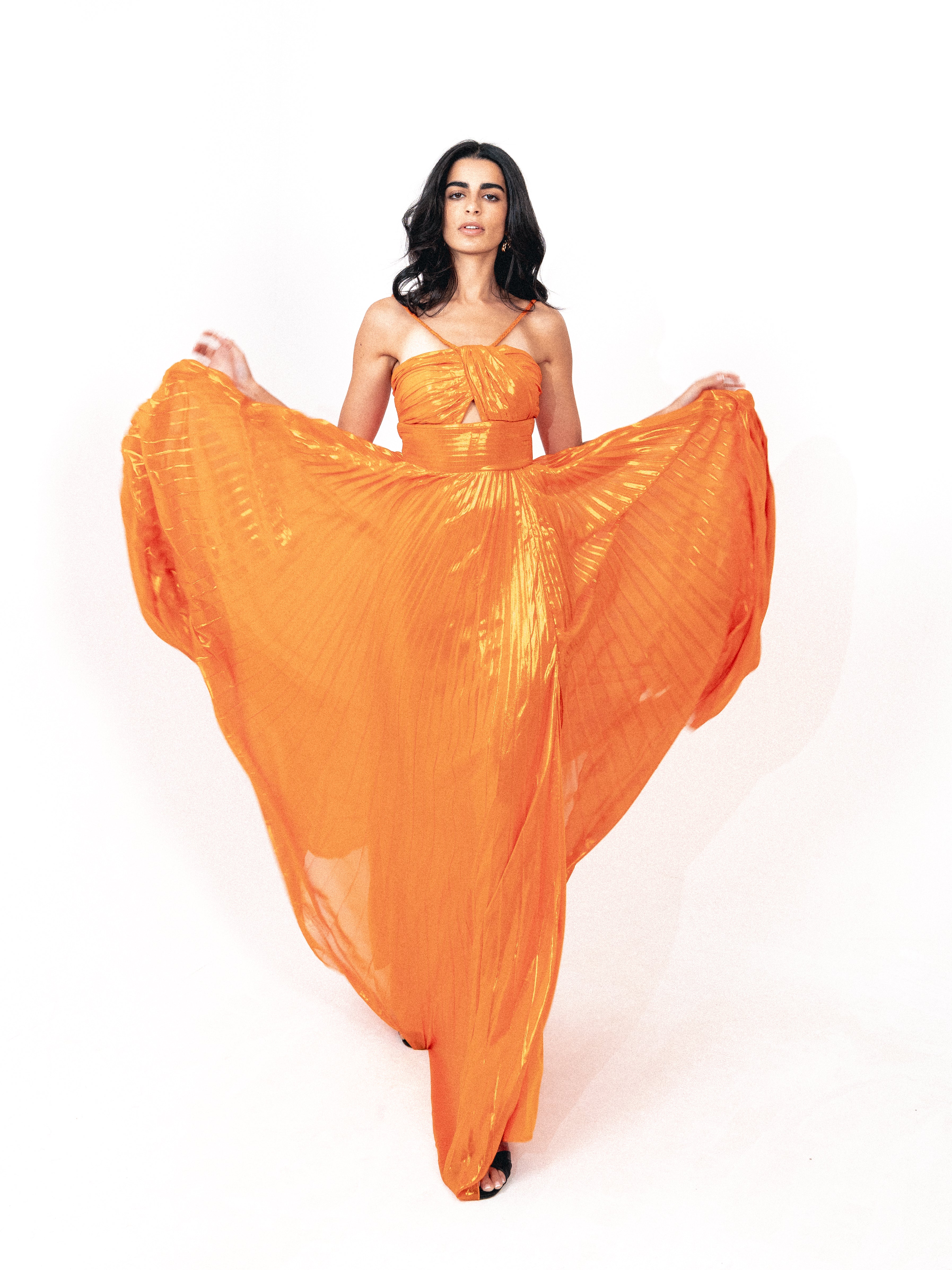 Plisse dress with spaghetti strap In orange