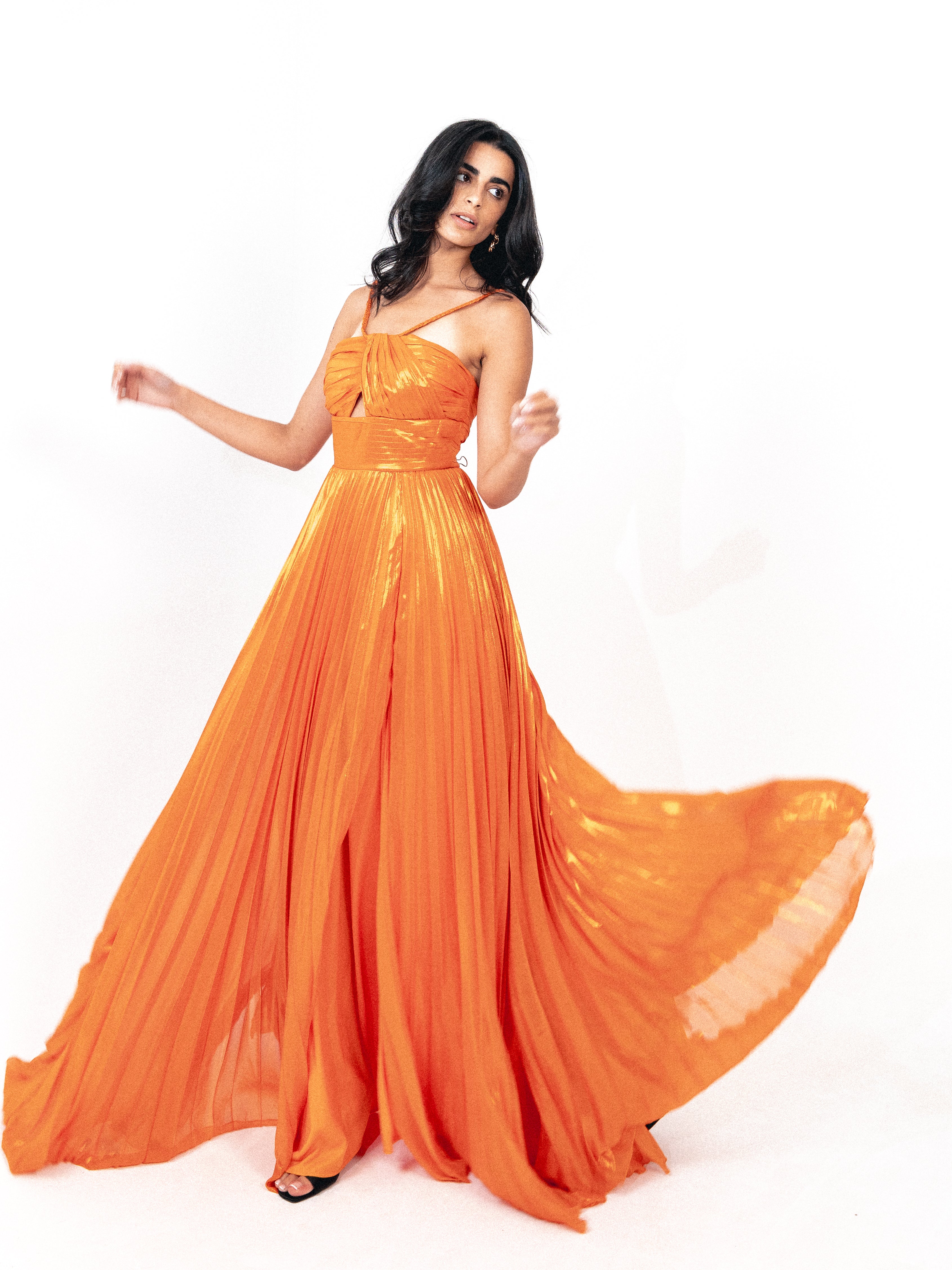 Plisse dress with spaghetti strap In orange