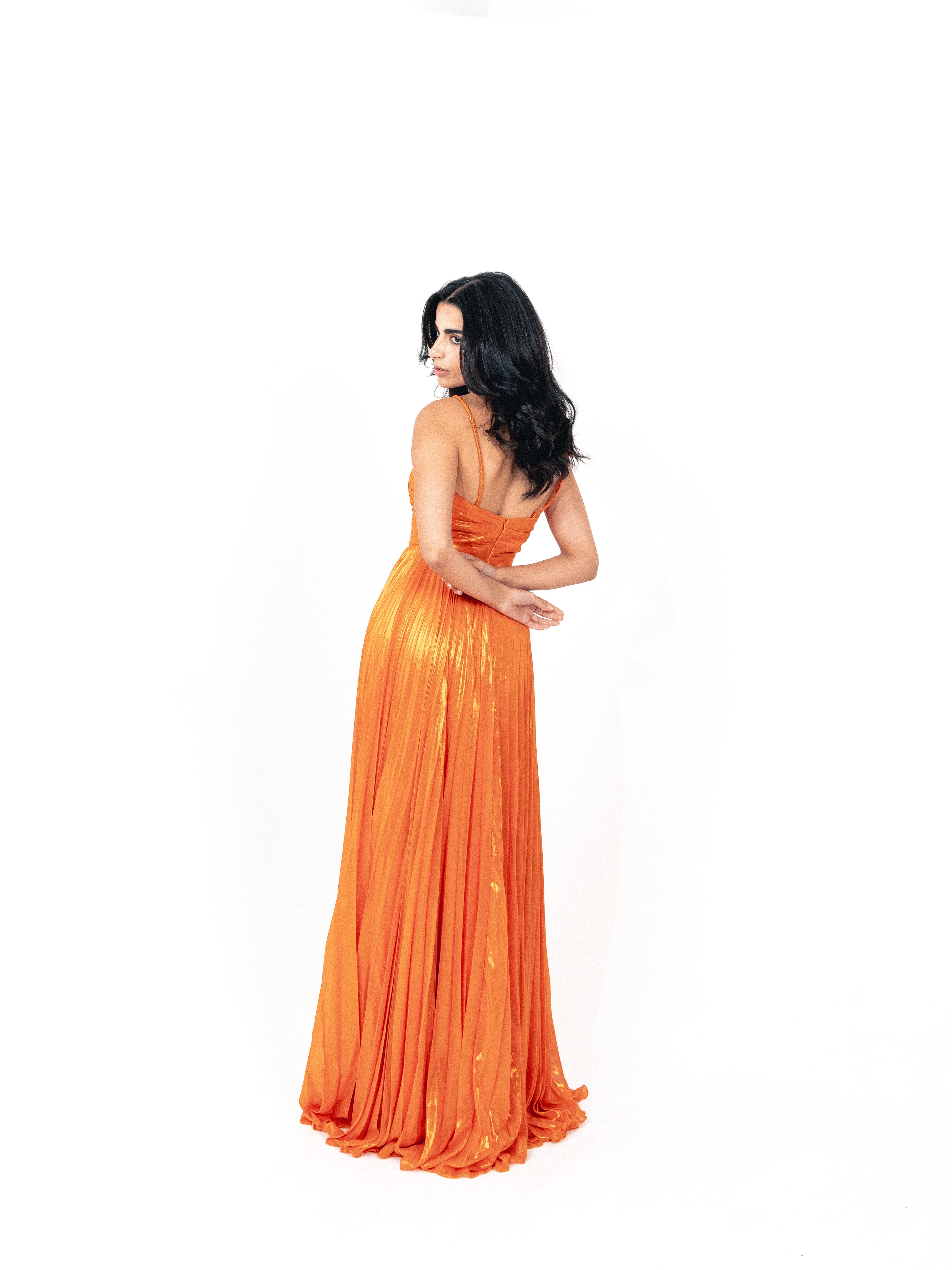 Plisse dress with spaghetti strap In orange
