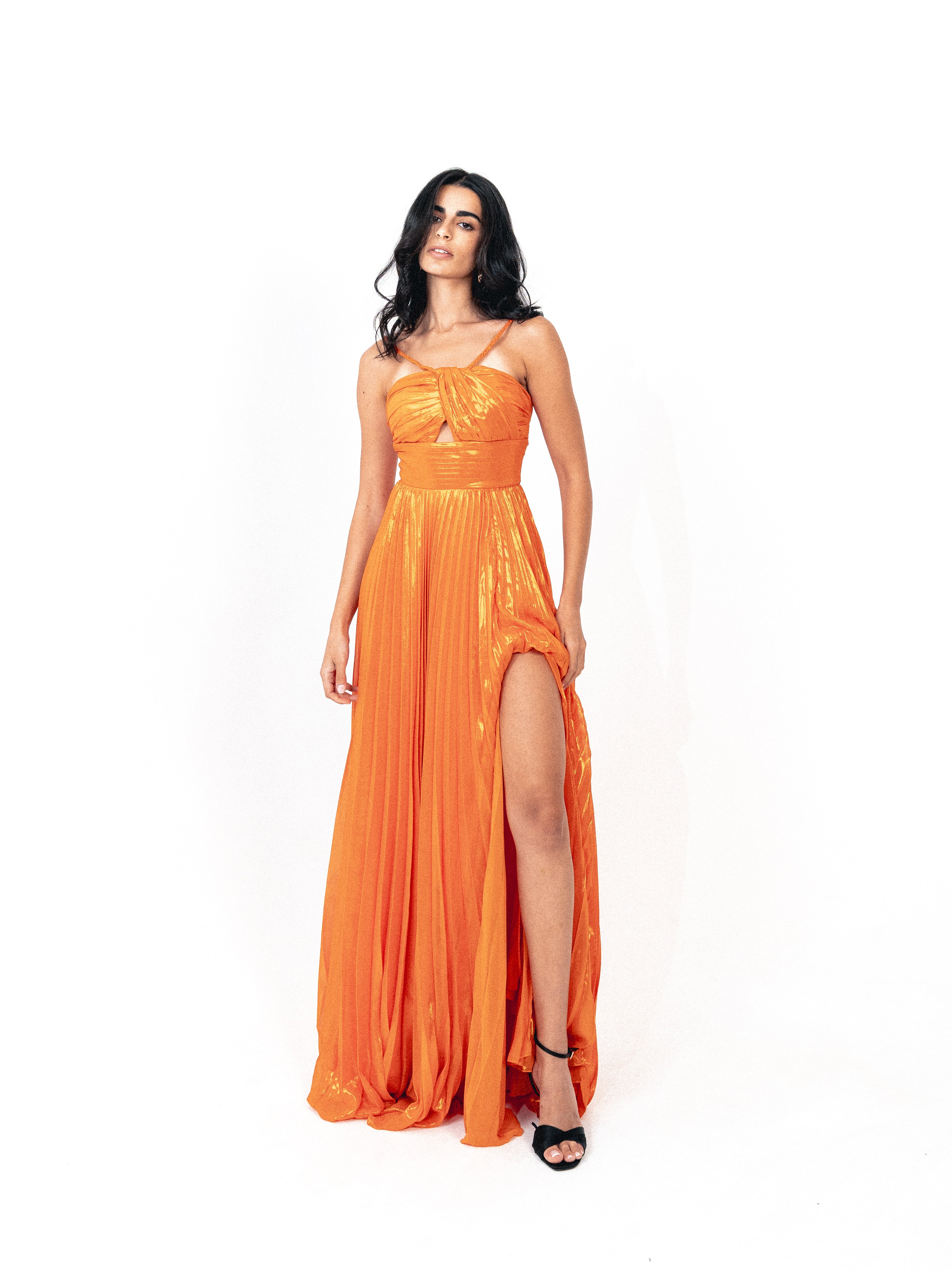 Plisse dress with spaghetti strap In orange