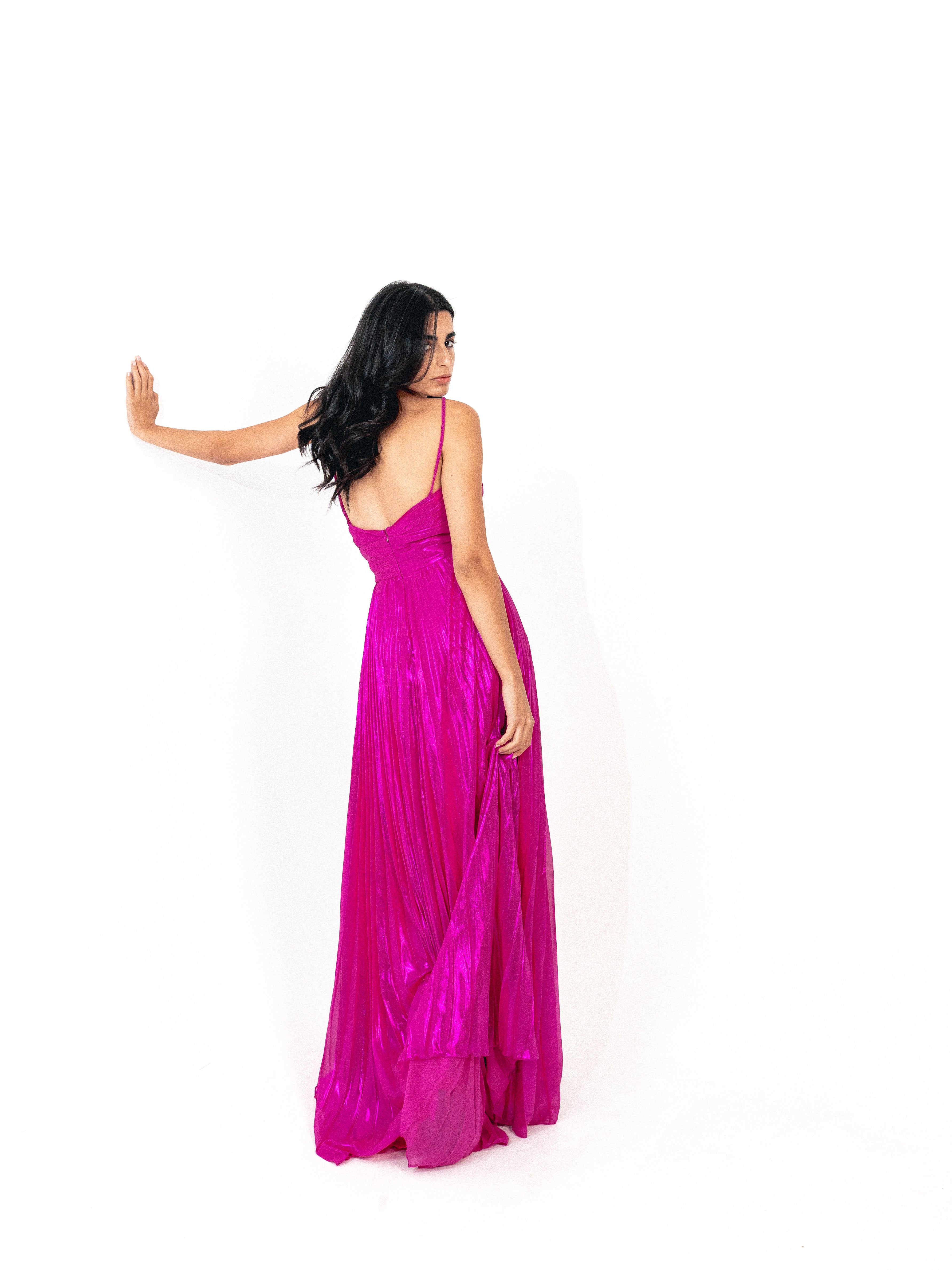 Plisse dress with spaghetti strap In fuchsia