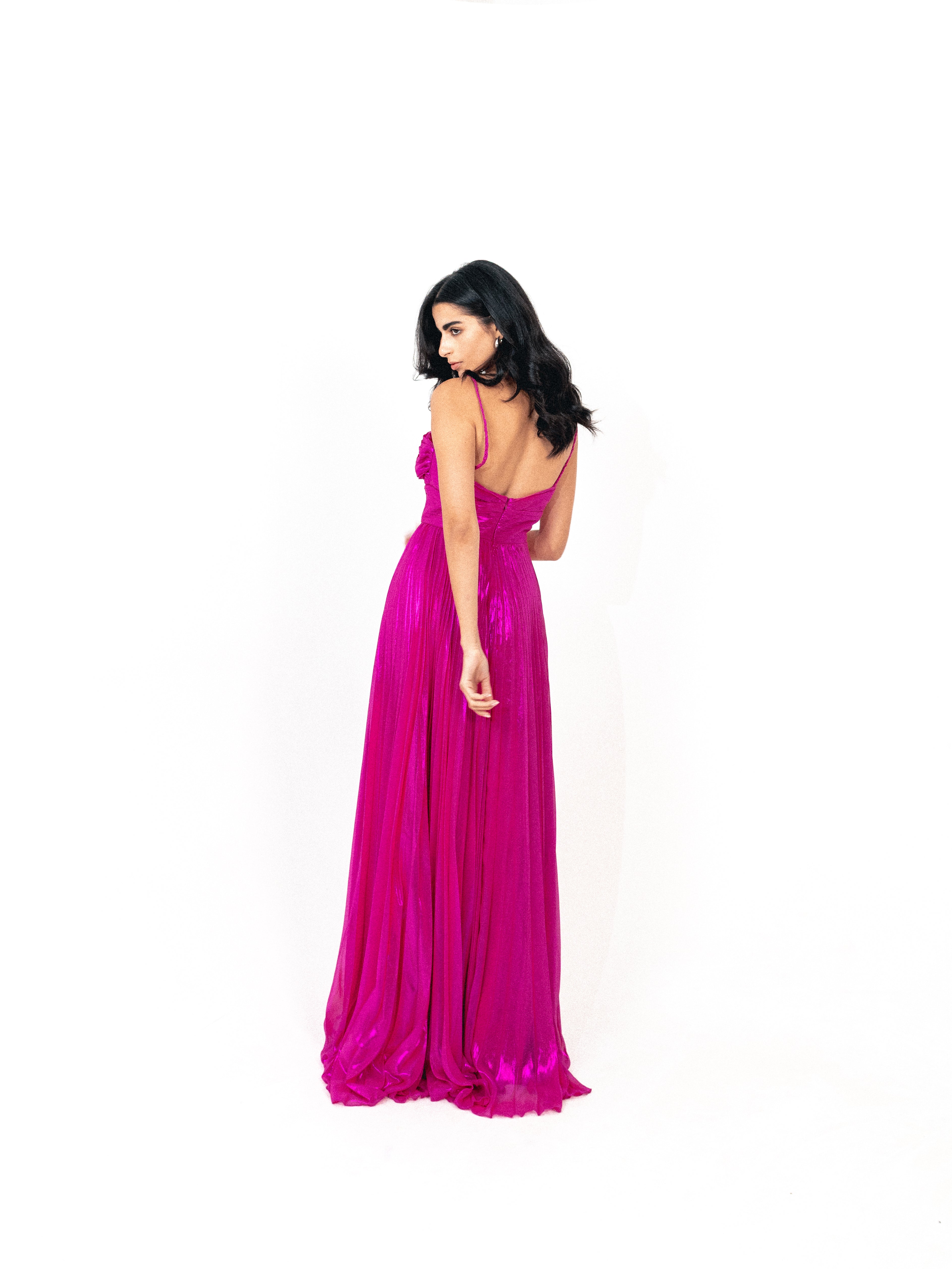 Plisse dress with spaghetti strap In fuchsia