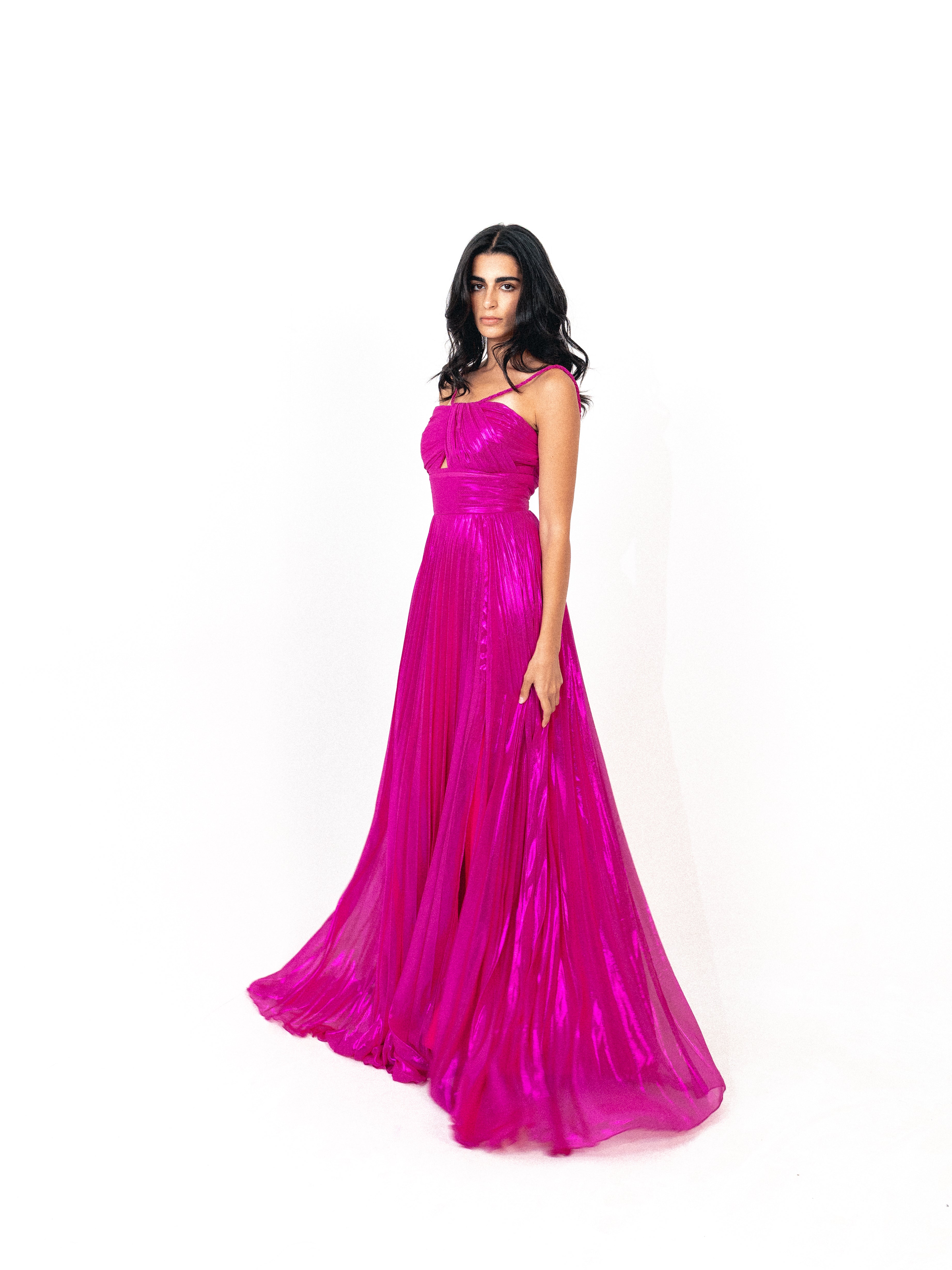 Plisse dress with spaghetti strap In fuchsia