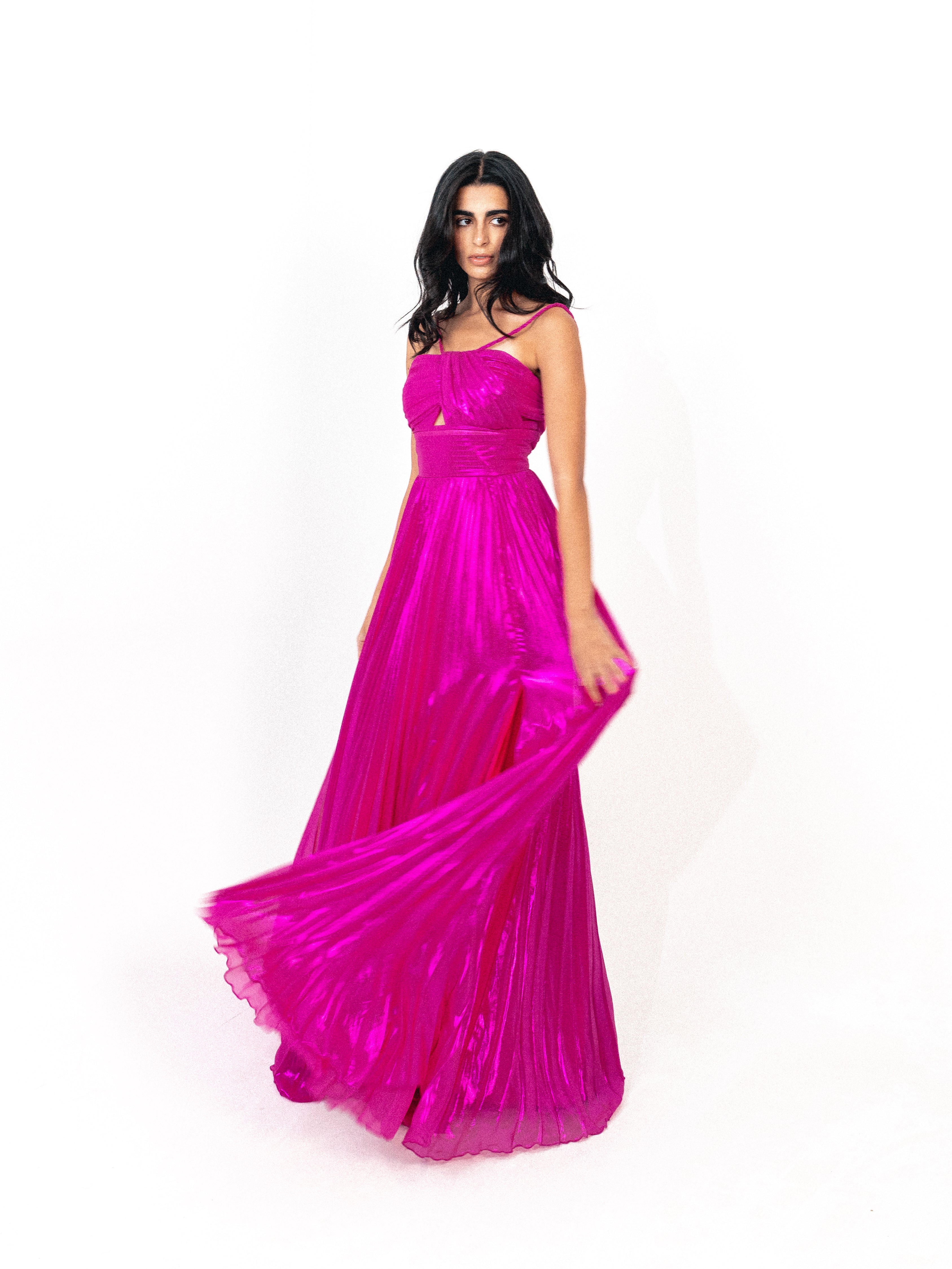 Plisse dress with spaghetti strap In fuchsia